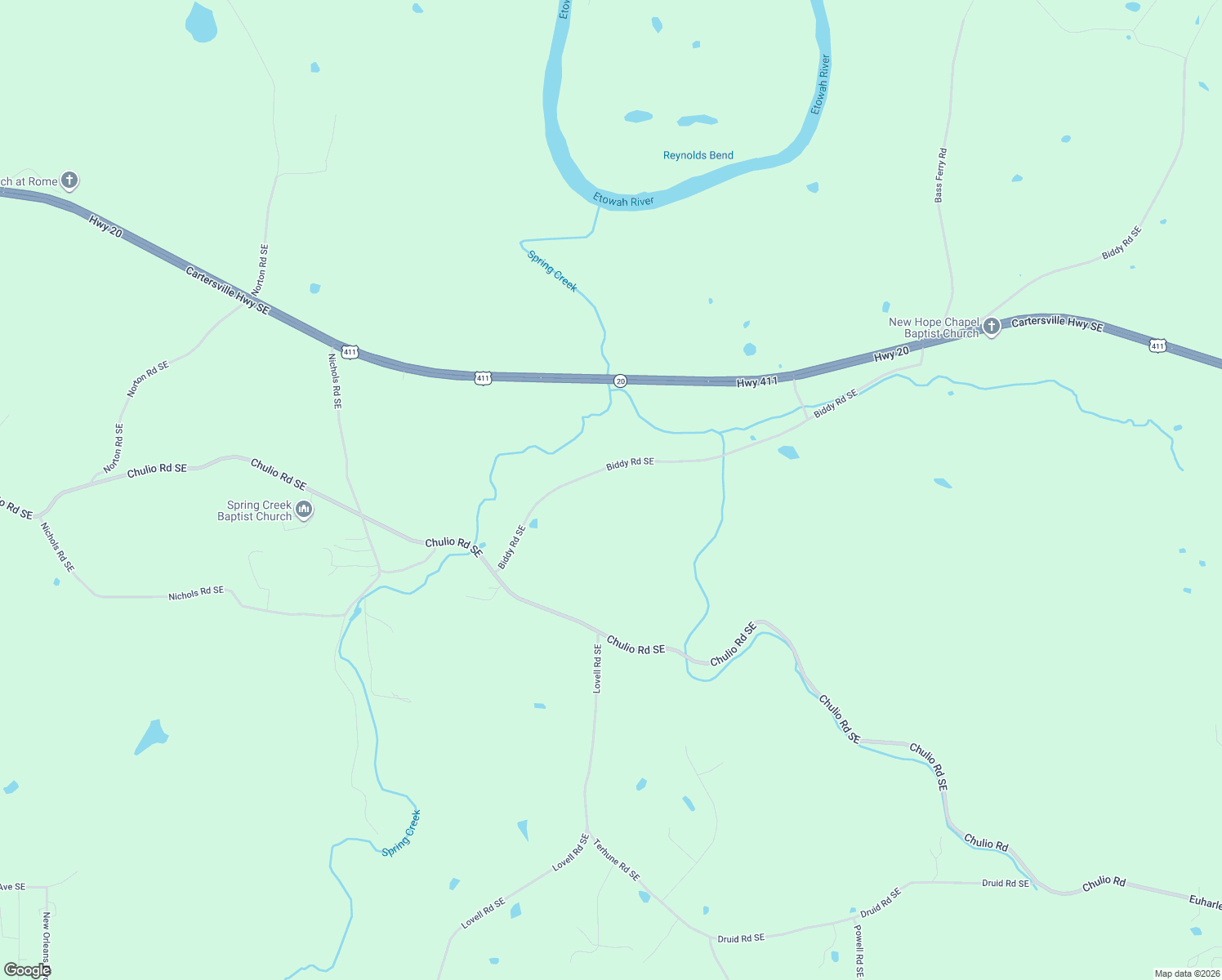 map of restaurants, bars, coffee shops, grocery stores, and more near 290 Biddy Road Southeast in Rome