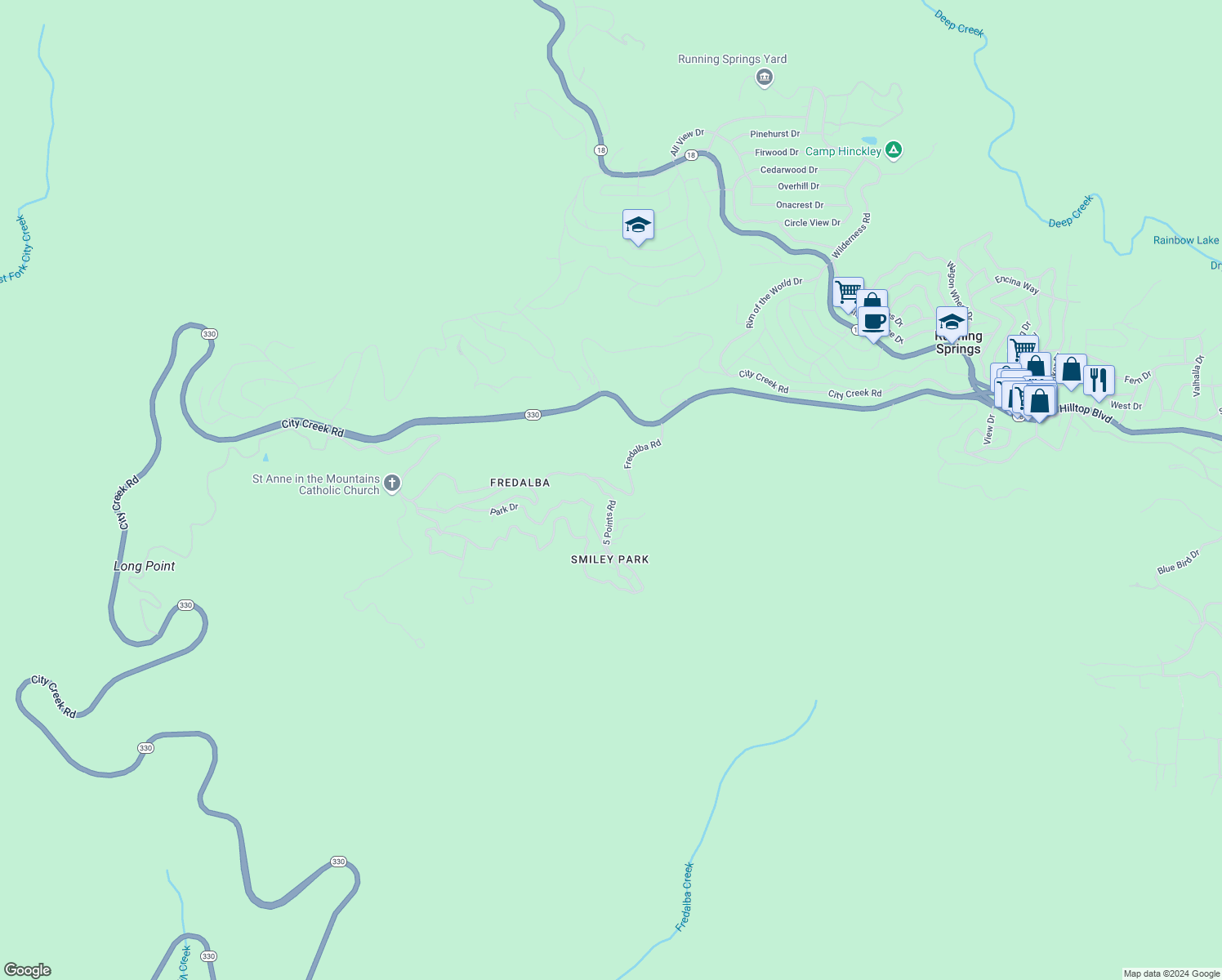 map of restaurants, bars, coffee shops, grocery stores, and more near 41 Fredalba Road in Running Springs