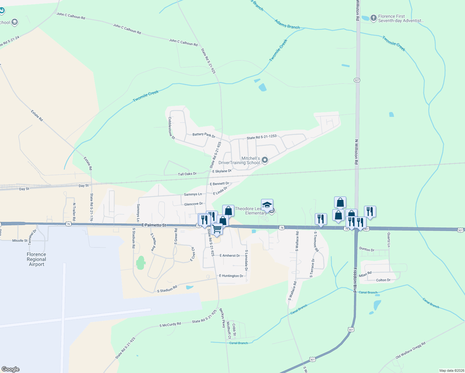 map of restaurants, bars, coffee shops, grocery stores, and more near 3328 East Linda Drive in Florence