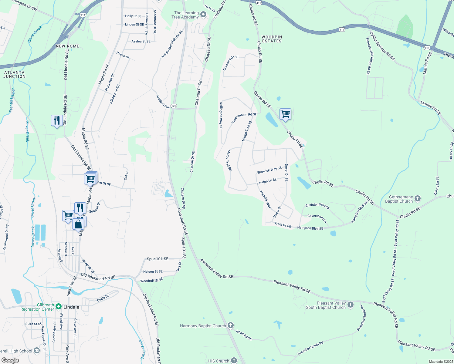 map of restaurants, bars, coffee shops, grocery stores, and more near 227 Margo Trail Southeast in Rome