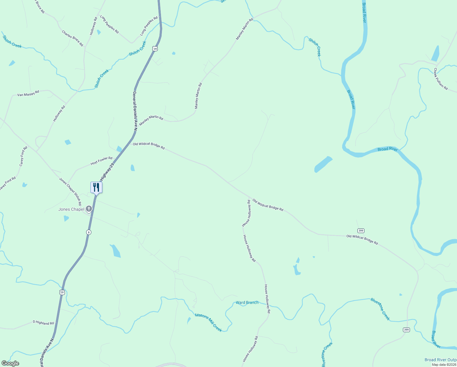 map of restaurants, bars, coffee shops, grocery stores, and more near 637 Old Wildcat Bridge Rd in Danielsville