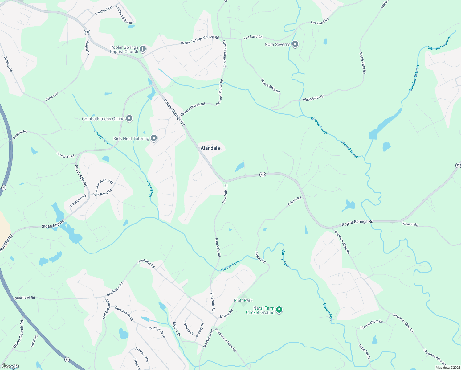 map of restaurants, bars, coffee shops, grocery stores, and more near 4105 Pine Vale Road in Gainesville