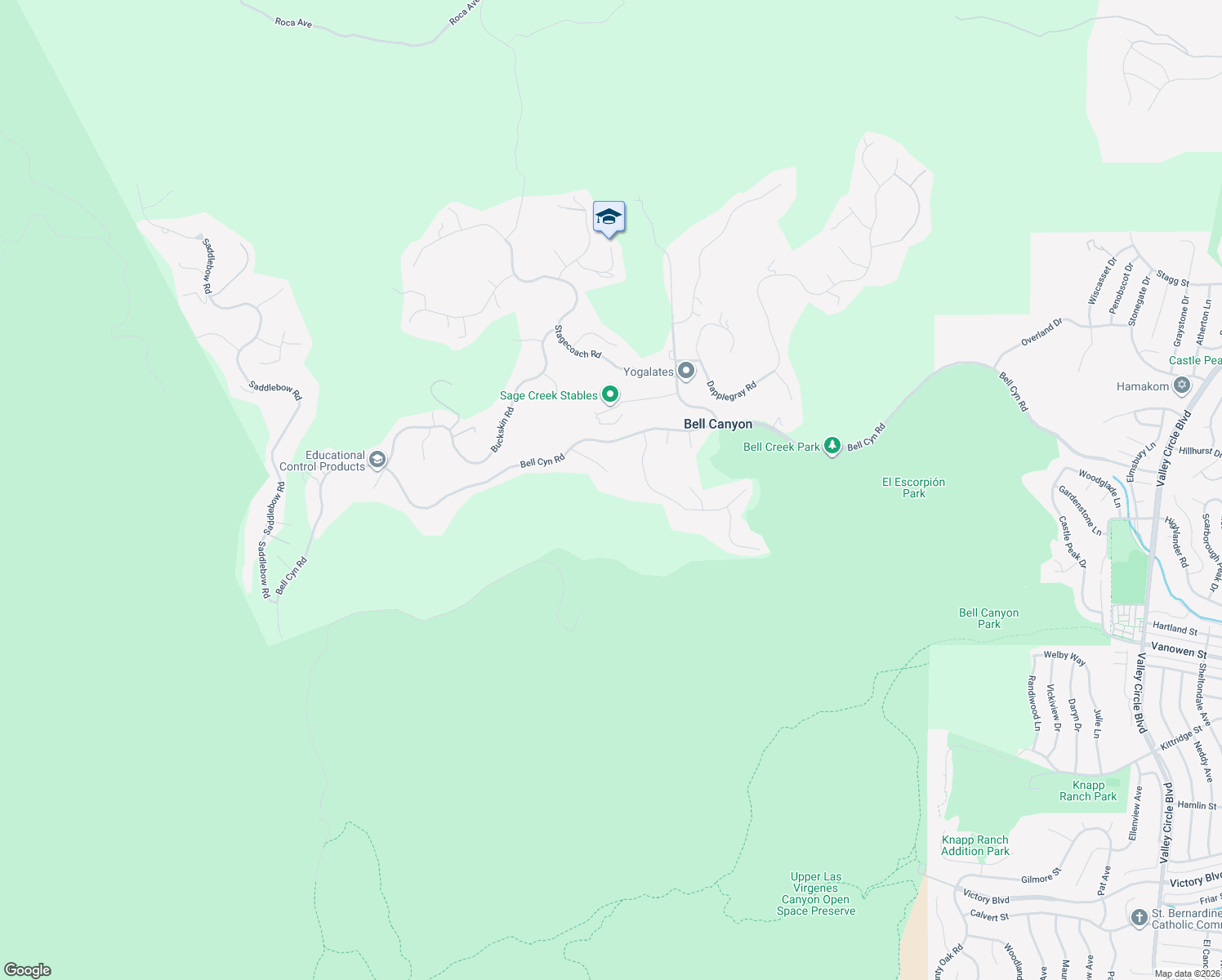 map of restaurants, bars, coffee shops, grocery stores, and more near 27 Round Up Road in Bell Canyon