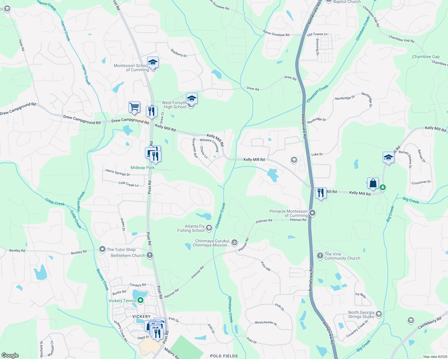 map of restaurants, bars, coffee shops, grocery stores, and more near 4890 Savannah Run in Cumming