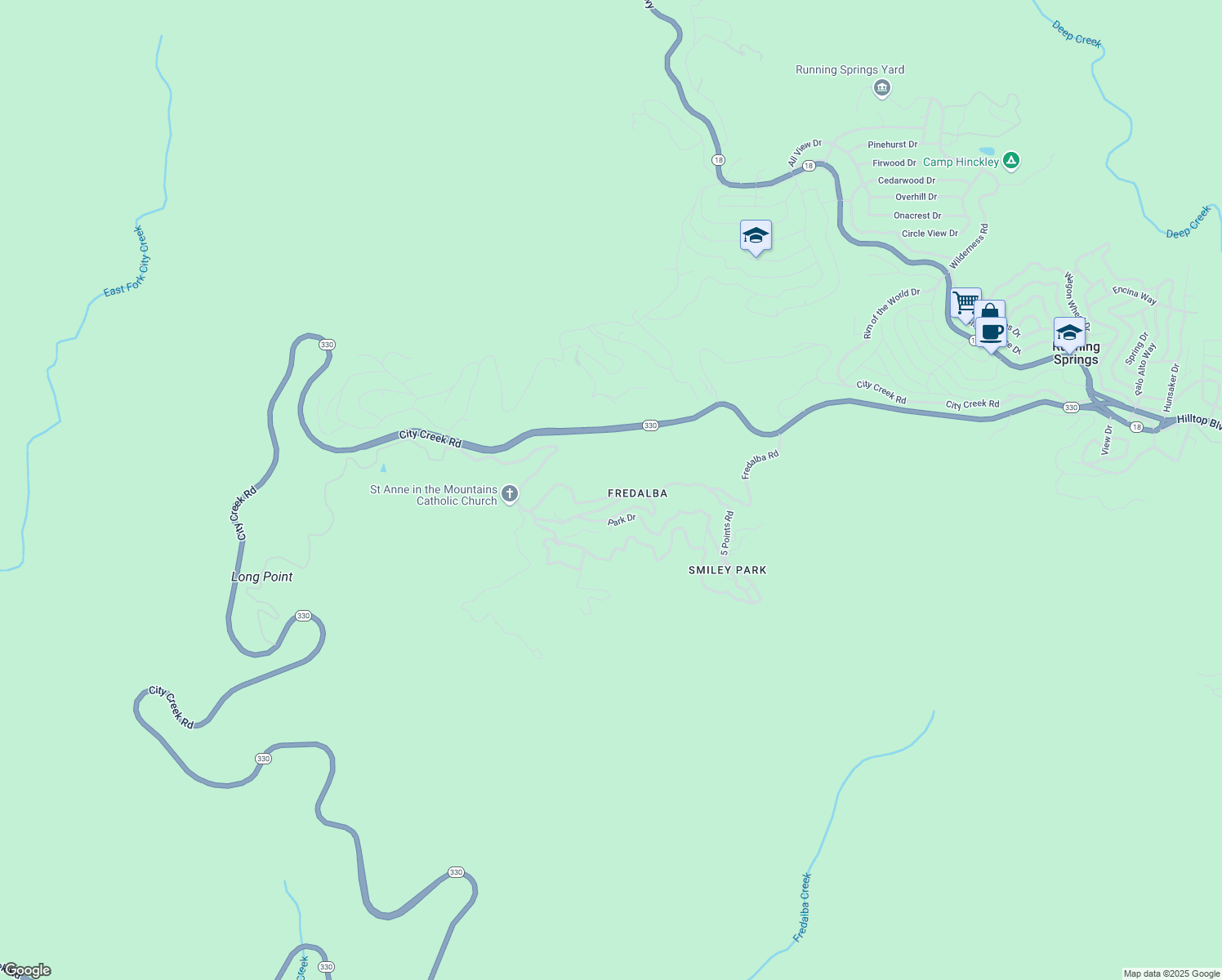 map of restaurants, bars, coffee shops, grocery stores, and more near 18 Fredalba Road in Running Springs