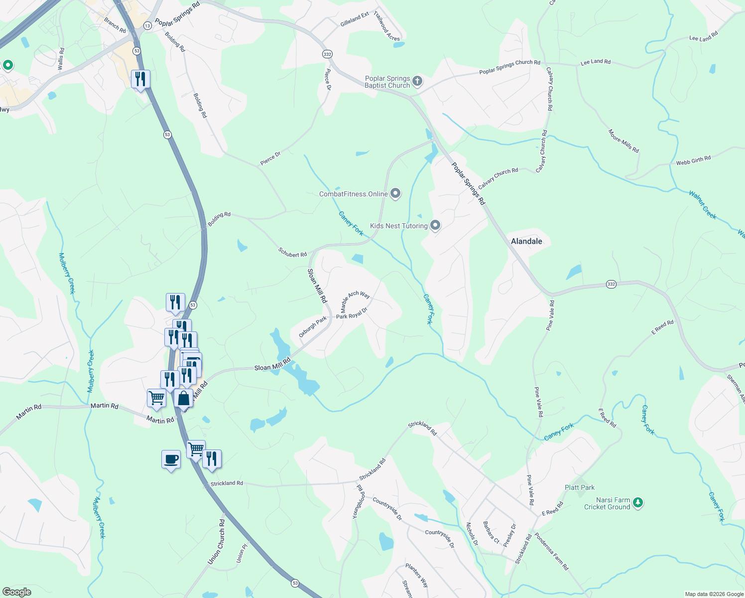 map of restaurants, bars, coffee shops, grocery stores, and more near 4446 Park Royal Dr in Flowery Branch