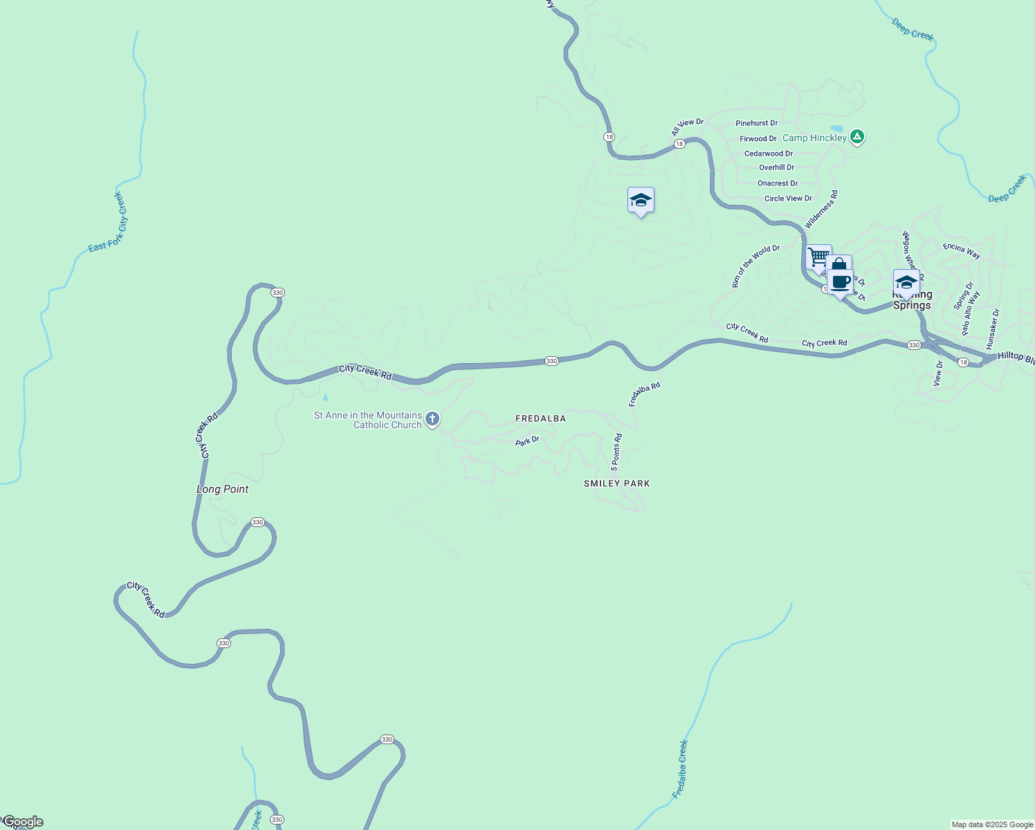 map of restaurants, bars, coffee shops, grocery stores, and more near 18 Fredalba Road in Running Springs
