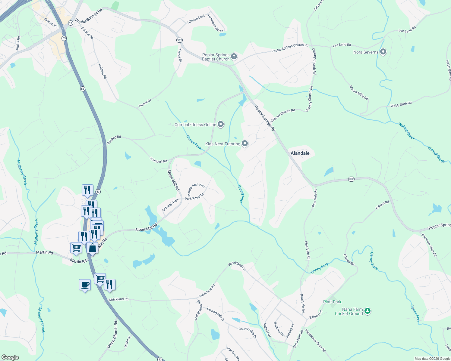 map of restaurants, bars, coffee shops, grocery stores, and more near 4446 Park Royal Drive in Flowery Branch