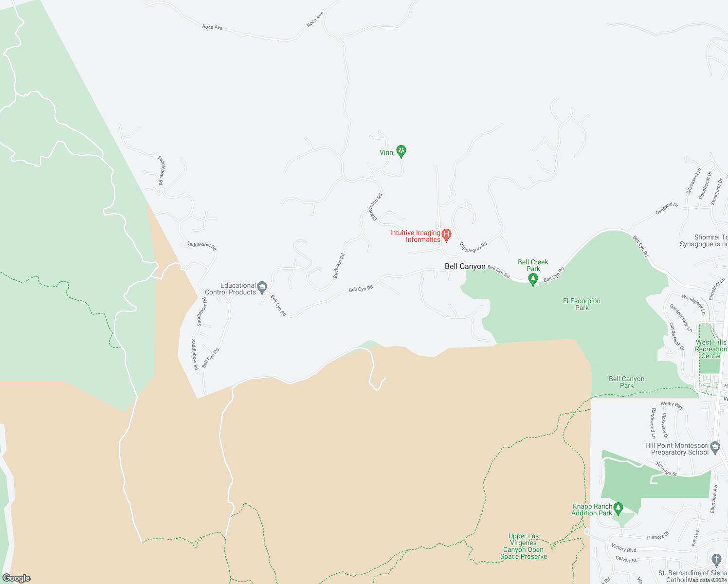 map of restaurants, bars, coffee shops, grocery stores, and more near 158 Bell Canyon Road in Bell Canyon