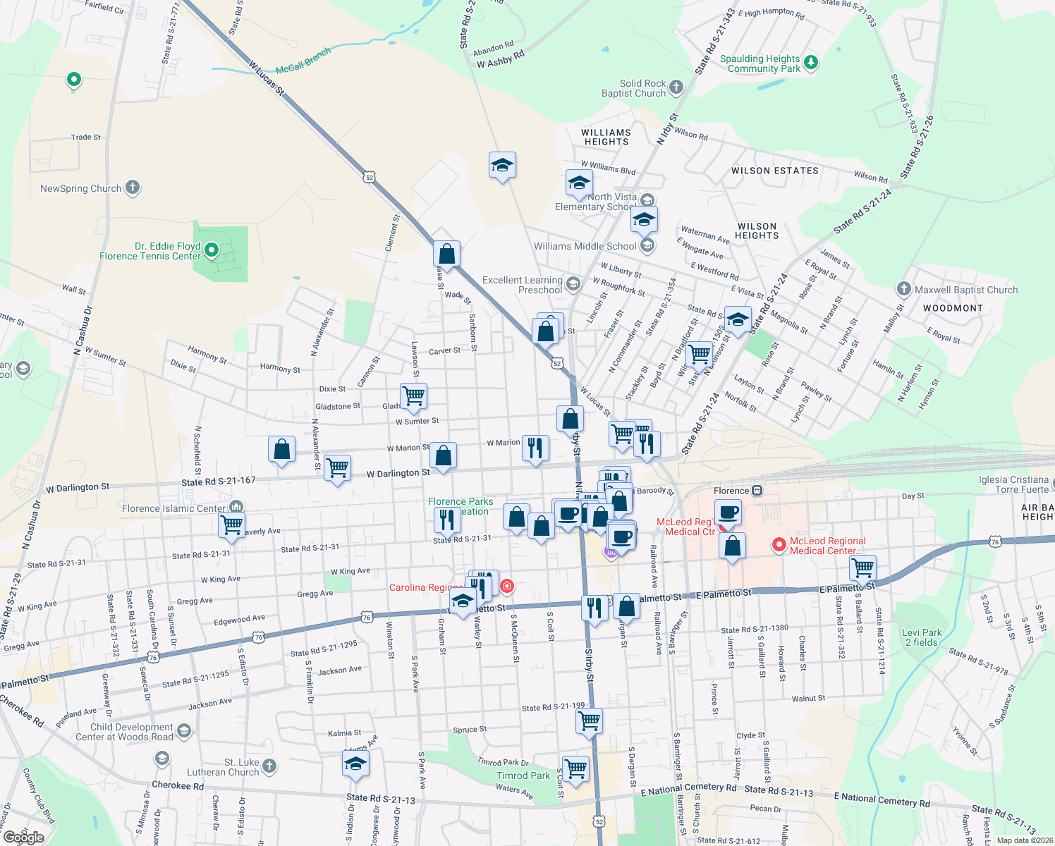map of restaurants, bars, coffee shops, grocery stores, and more near 306 West Sumter Street in Florence