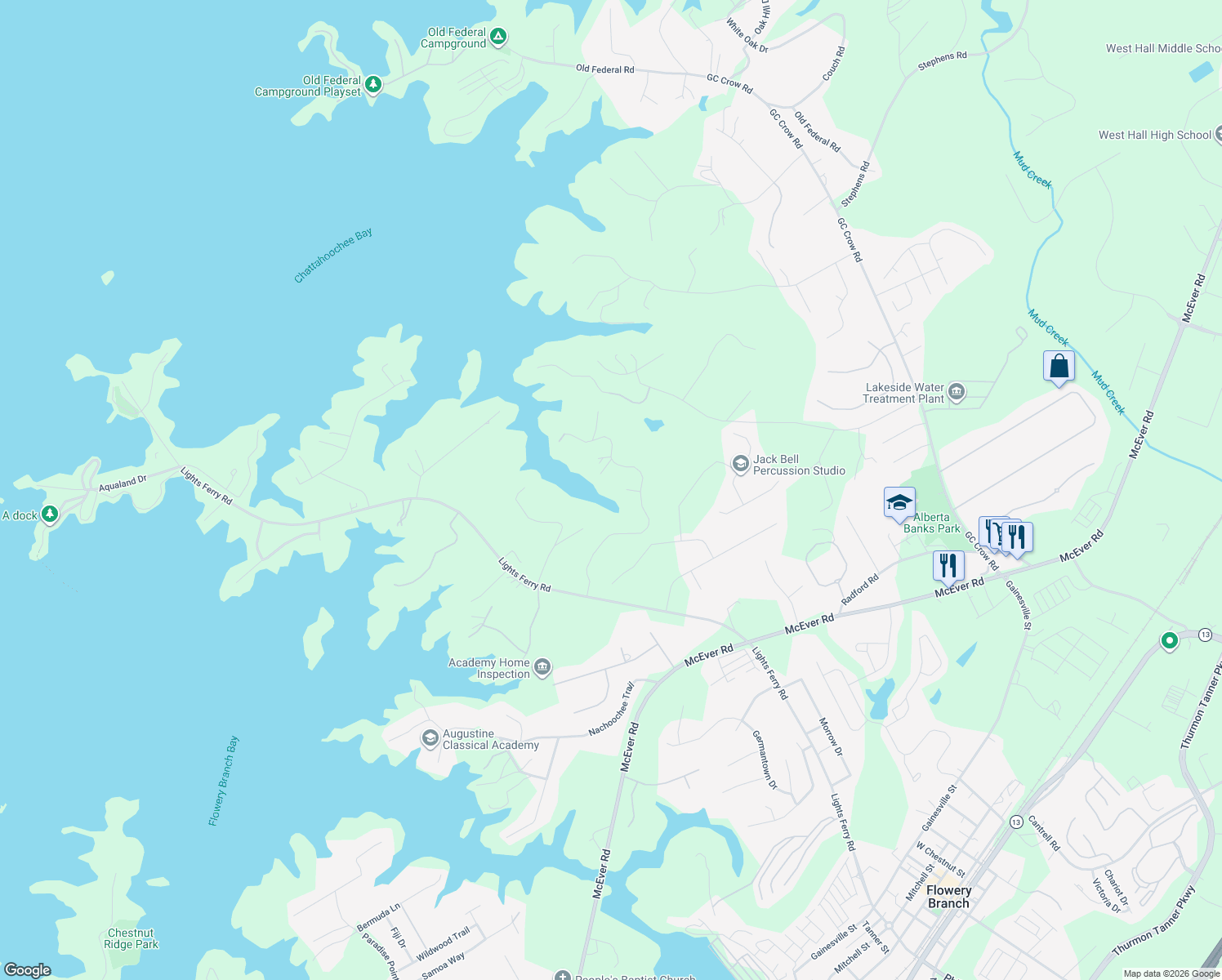 map of restaurants, bars, coffee shops, grocery stores, and more near 6409 Eva Road in Flowery Branch