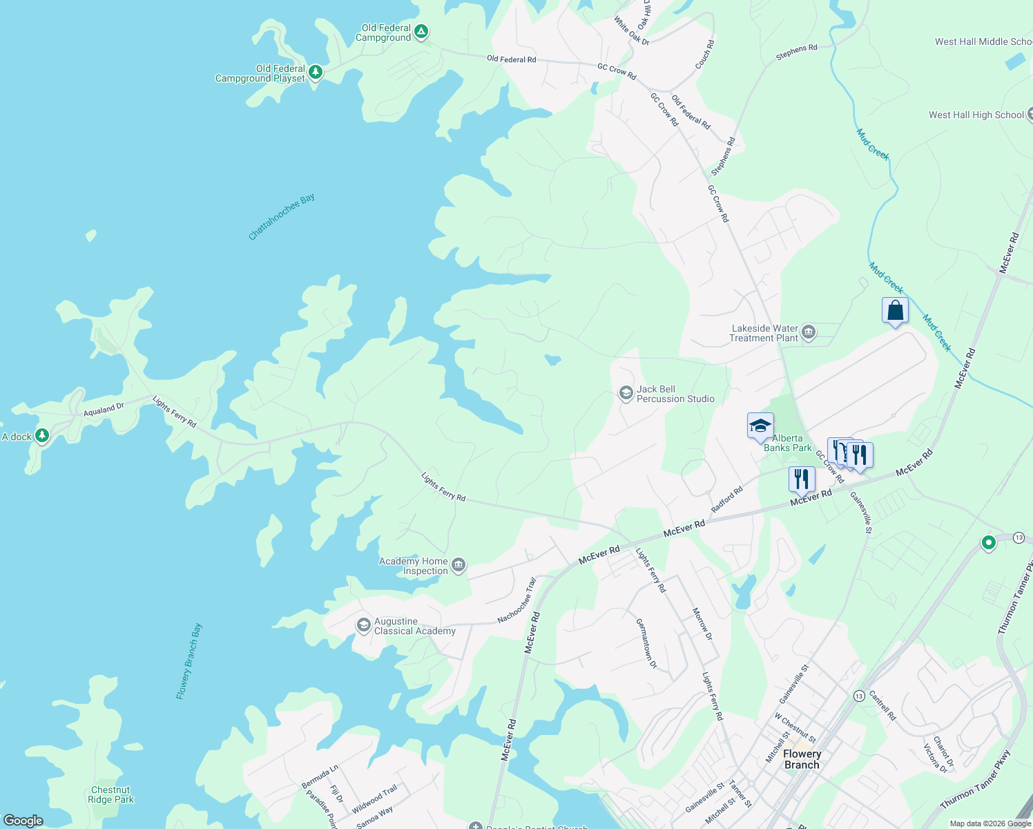 map of restaurants, bars, coffee shops, grocery stores, and more near 6409 Eva Road in Flowery Branch