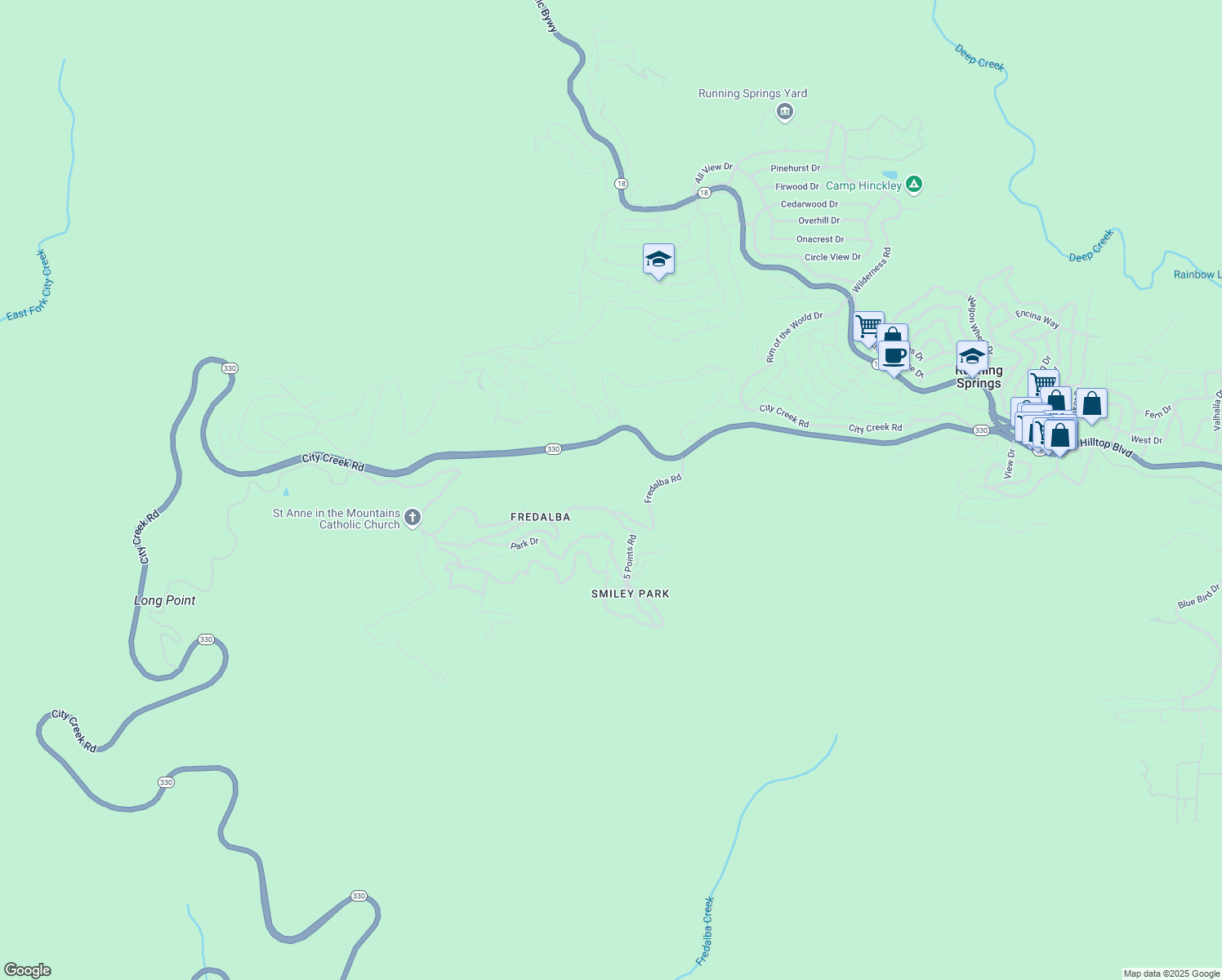 map of restaurants, bars, coffee shops, grocery stores, and more near 0 Winding Way in Running Springs