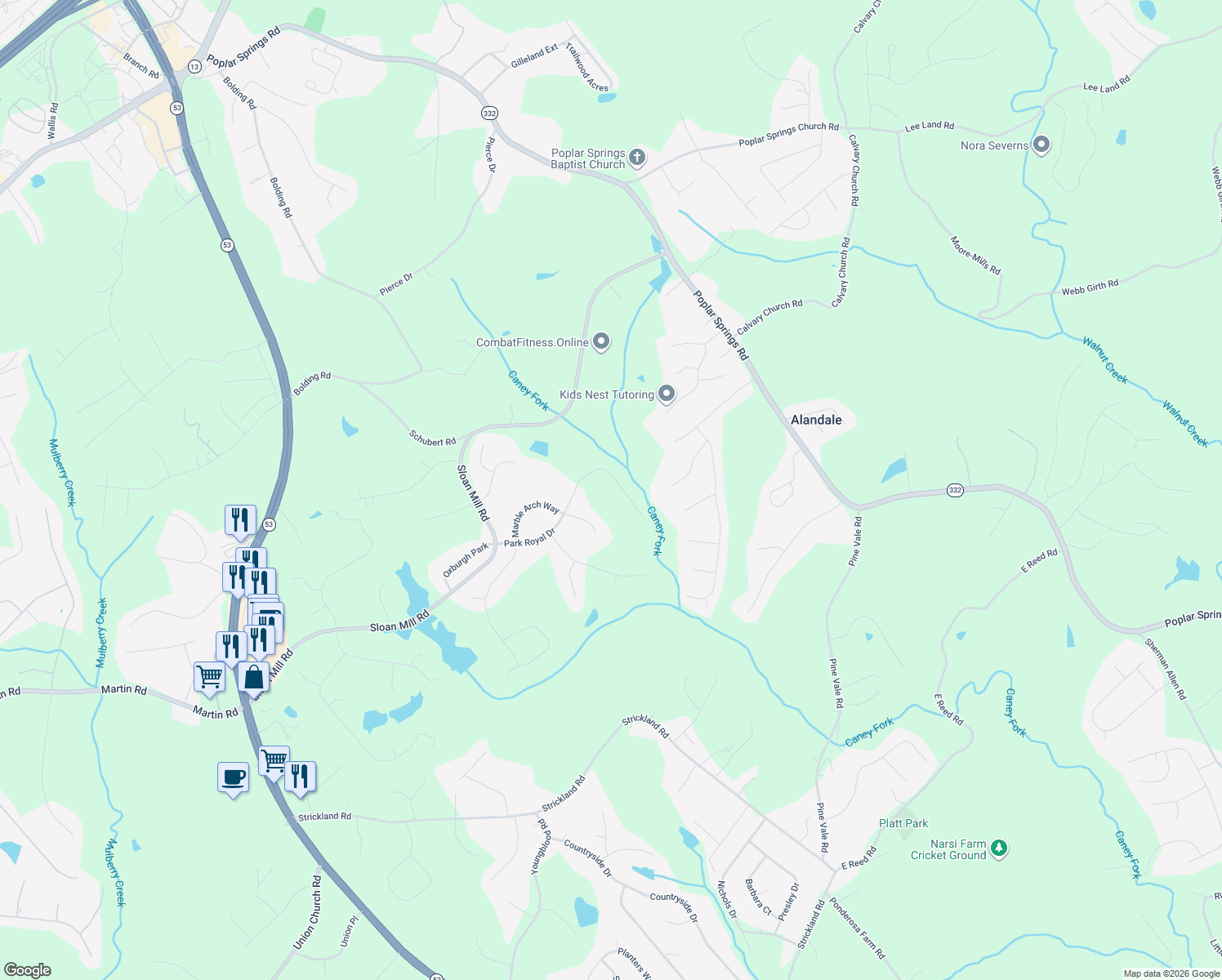 map of restaurants, bars, coffee shops, grocery stores, and more near 4442 Park Royal Drive in Flowery Branch