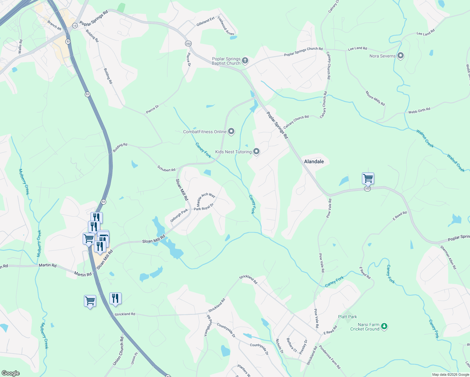 map of restaurants, bars, coffee shops, grocery stores, and more near 4442 Park Royal Drive in Flowery Branch