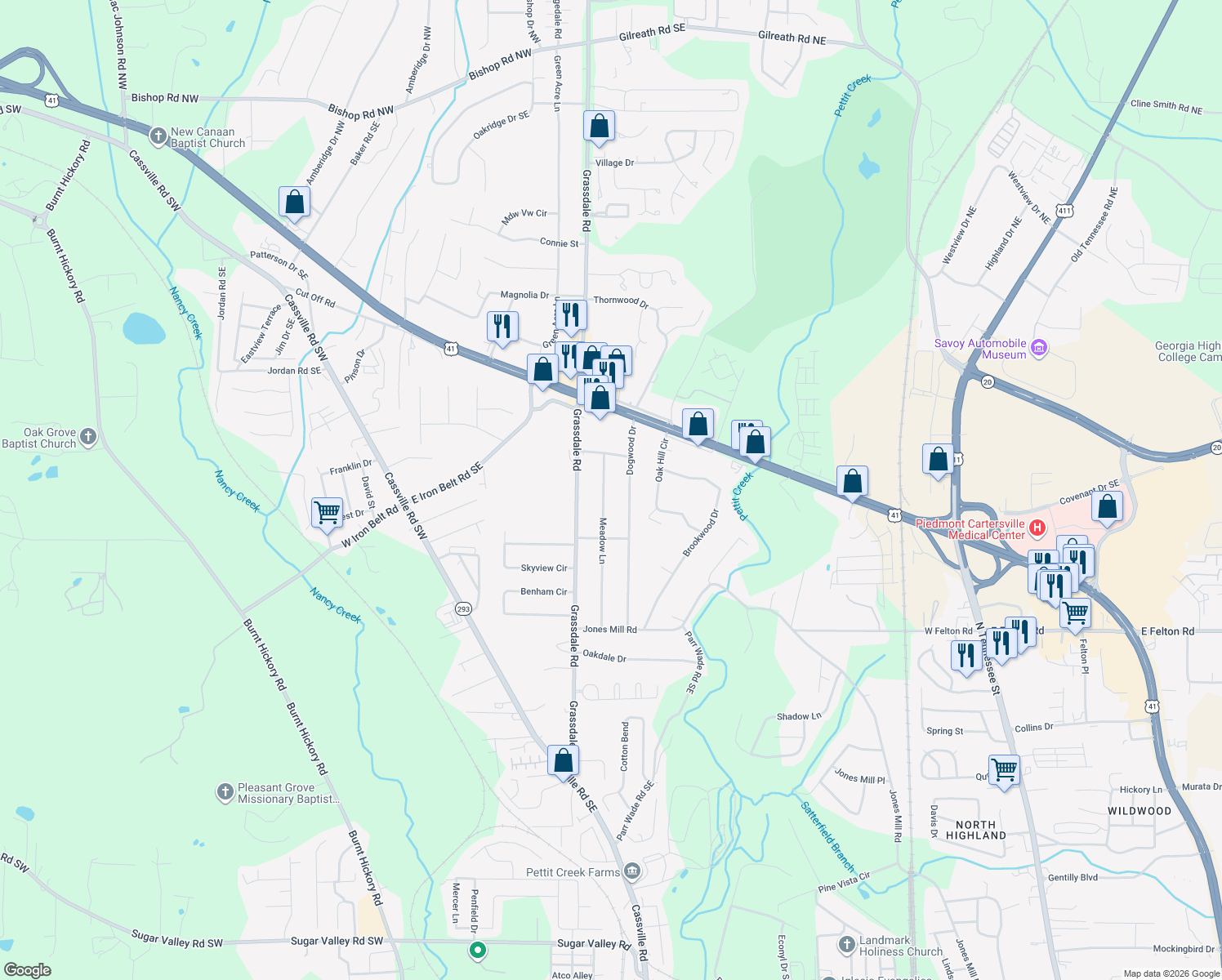 map of restaurants, bars, coffee shops, grocery stores, and more near 213 Meadow Ln in Cartersville