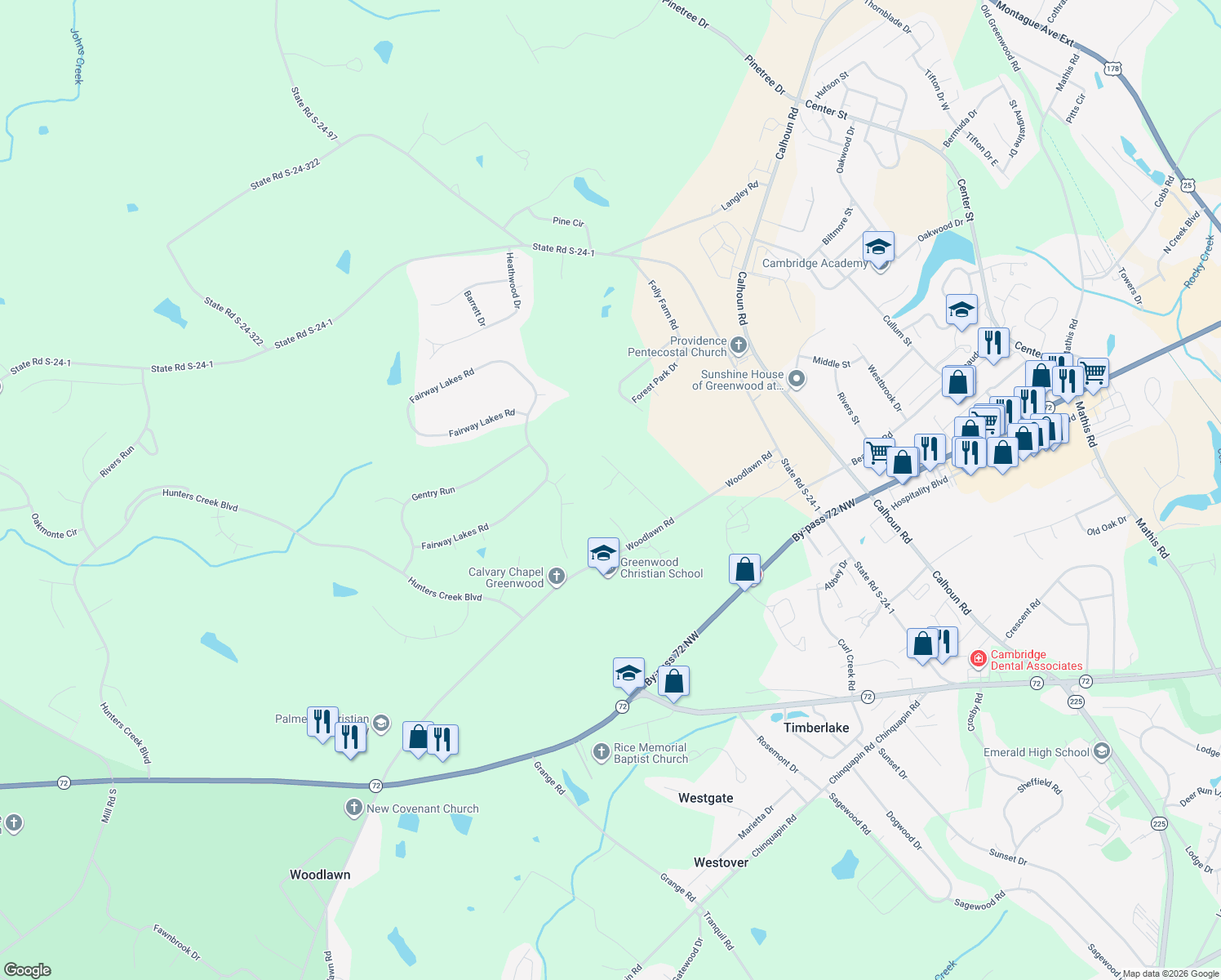 map of restaurants, bars, coffee shops, grocery stores, and more near 119 Lollis Rd in Greenwood