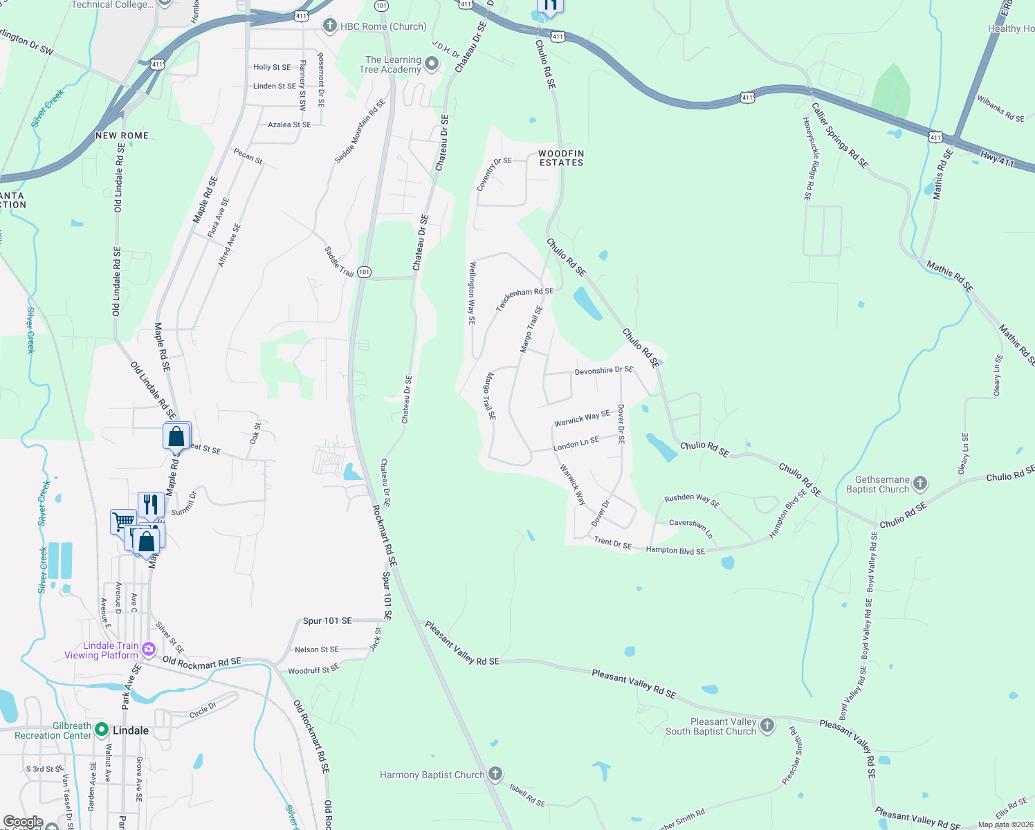 map of restaurants, bars, coffee shops, grocery stores, and more near 115 Margo Trail Southeast in Rome
