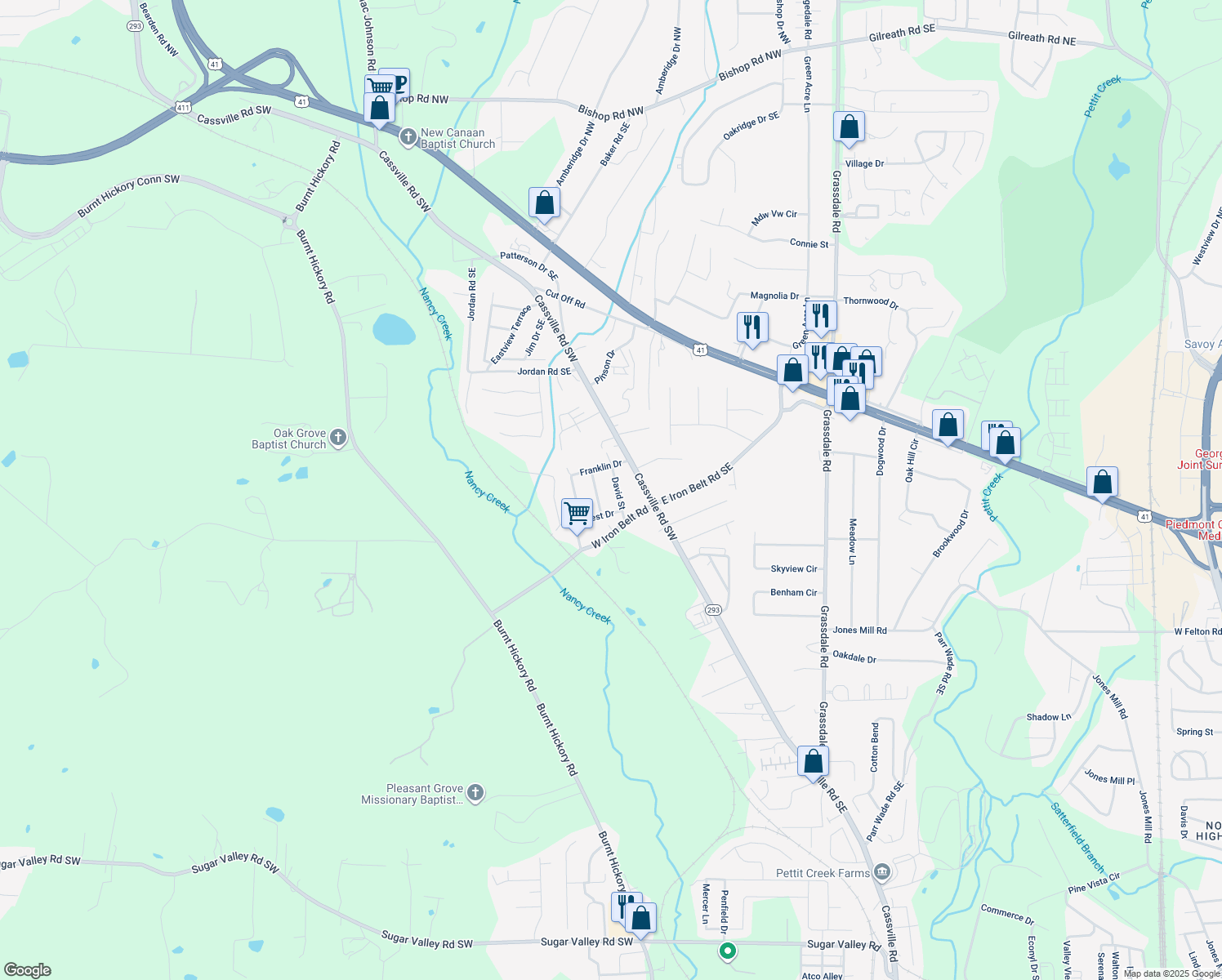 map of restaurants, bars, coffee shops, grocery stores, and more near 12 David St in Cartersville