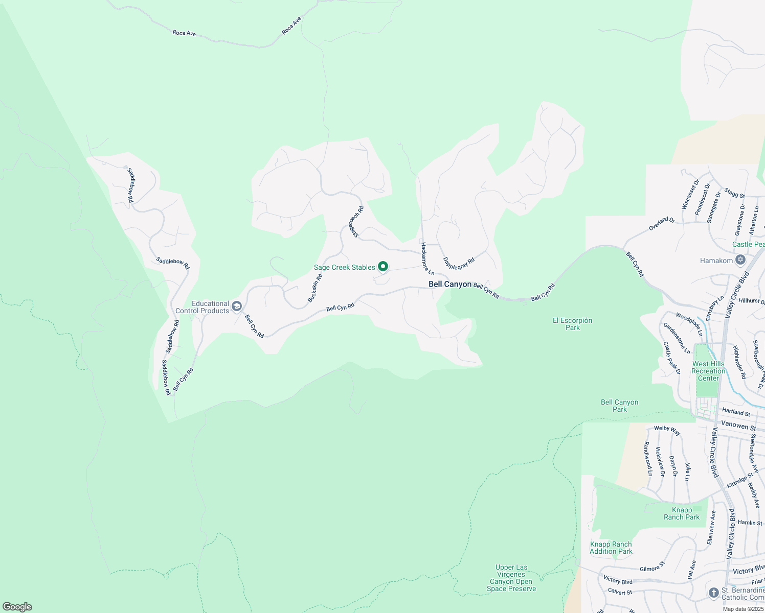 map of restaurants, bars, coffee shops, grocery stores, and more near 22 Round Up Road in Bell Canyon