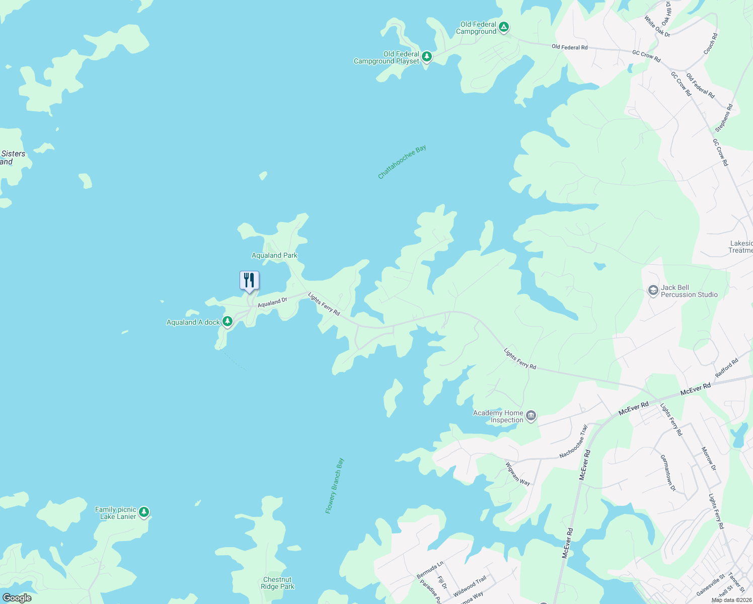 map of restaurants, bars, coffee shops, grocery stores, and more near 6602 Crestwood Peninsula in Flowery Branch