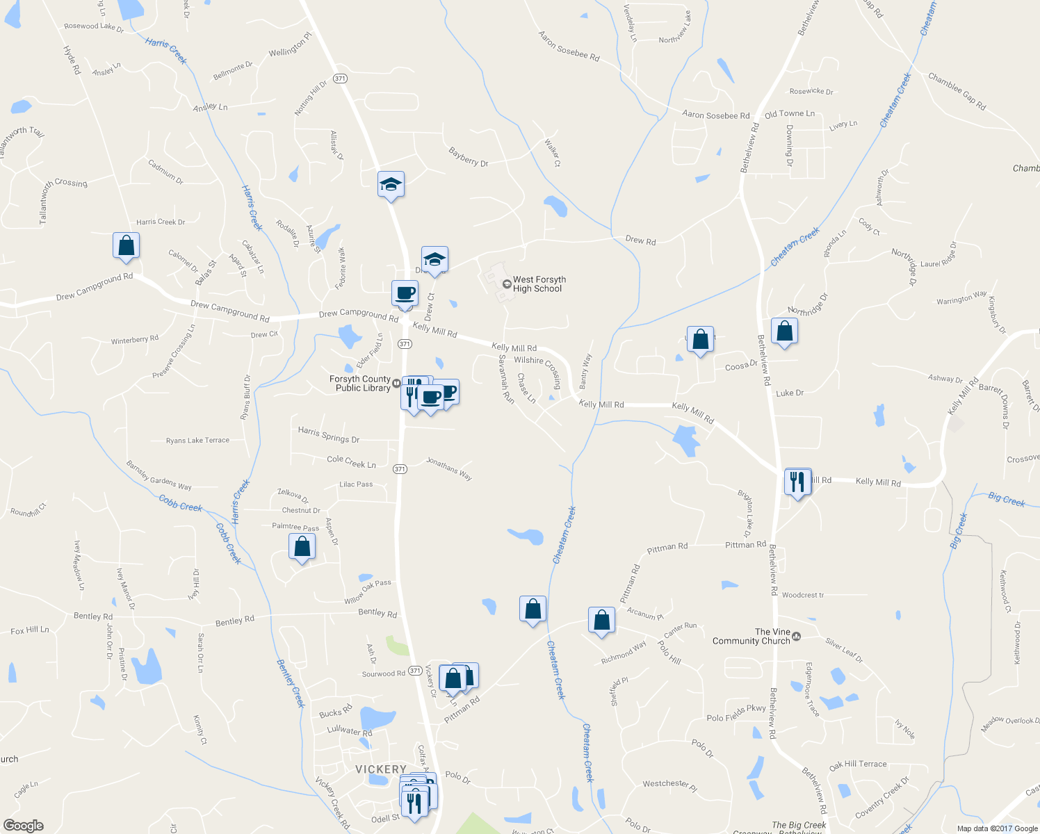 map of restaurants, bars, coffee shops, grocery stores, and more near 5025 Savannah Run in Cumming