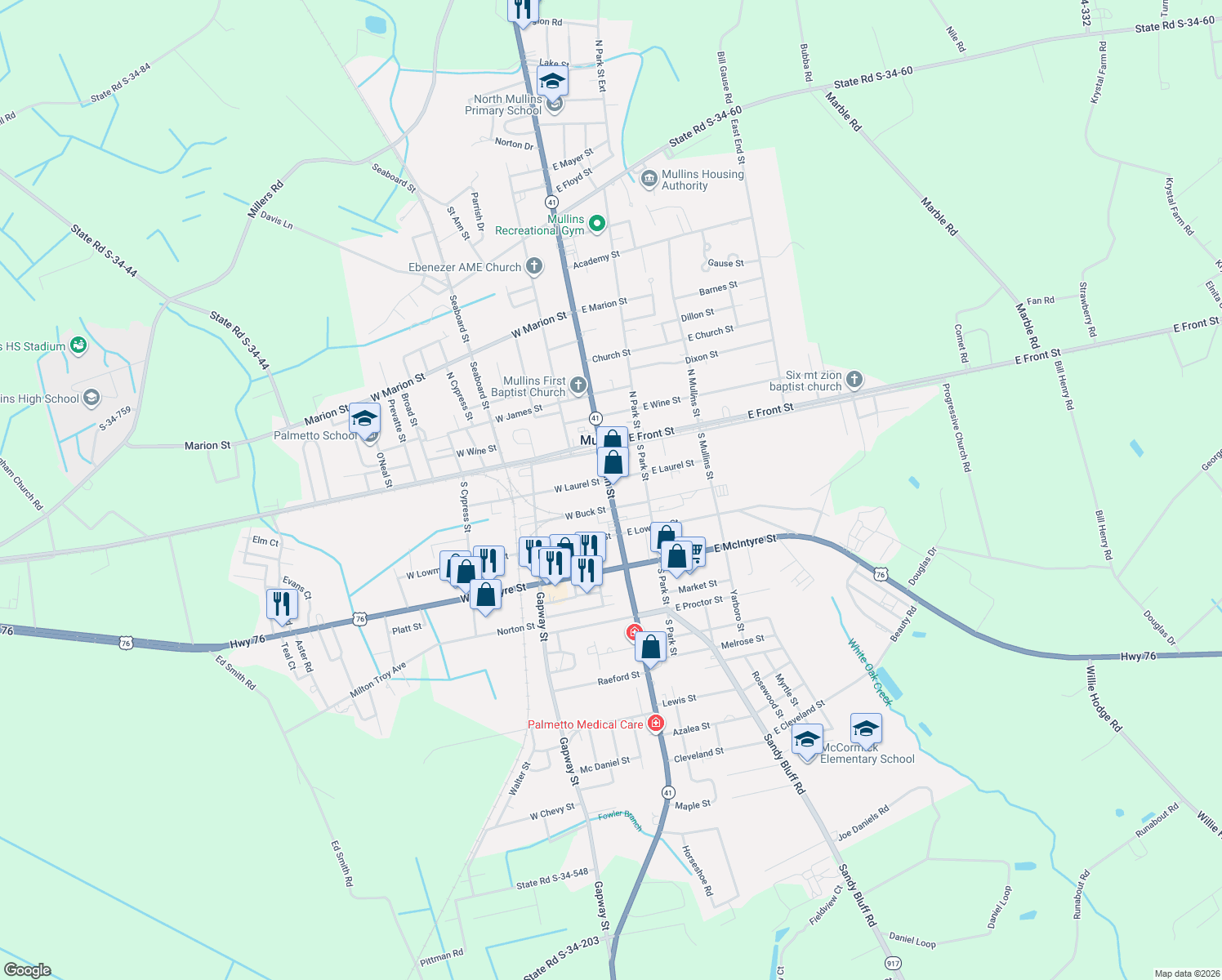 map of restaurants, bars, coffee shops, grocery stores, and more near 227 South Main Street in Mullins