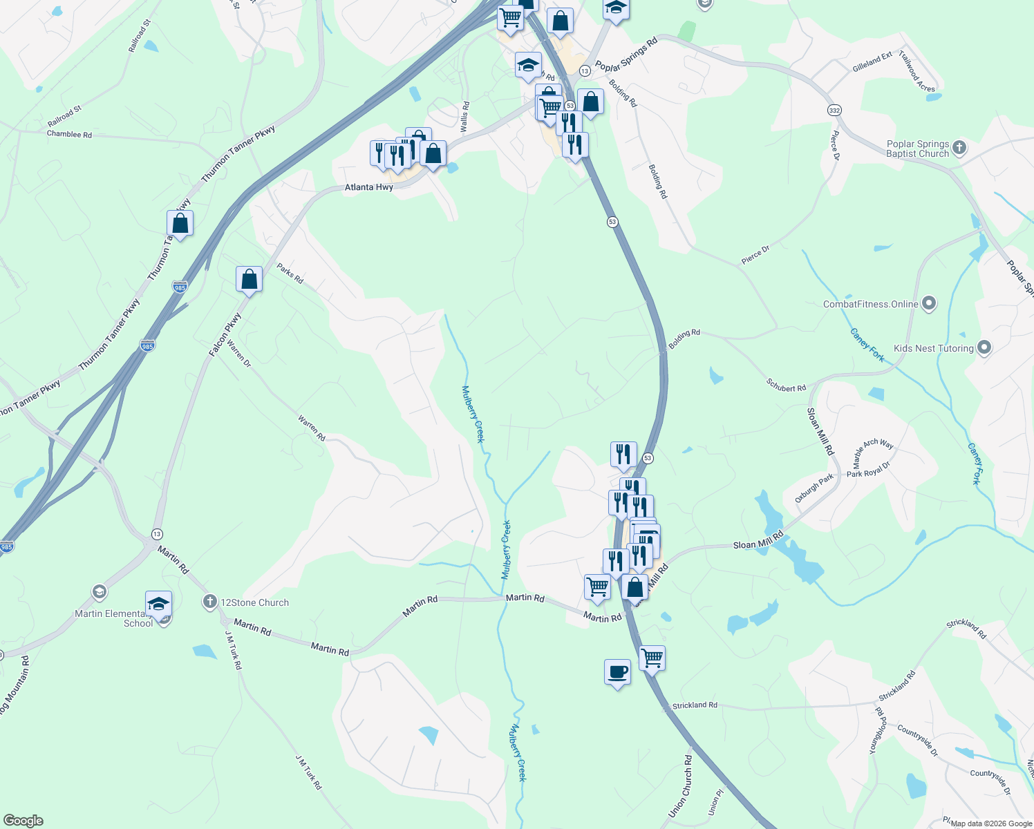 map of restaurants, bars, coffee shops, grocery stores, and more near 3974 Rock Haven Drive in Flowery Branch