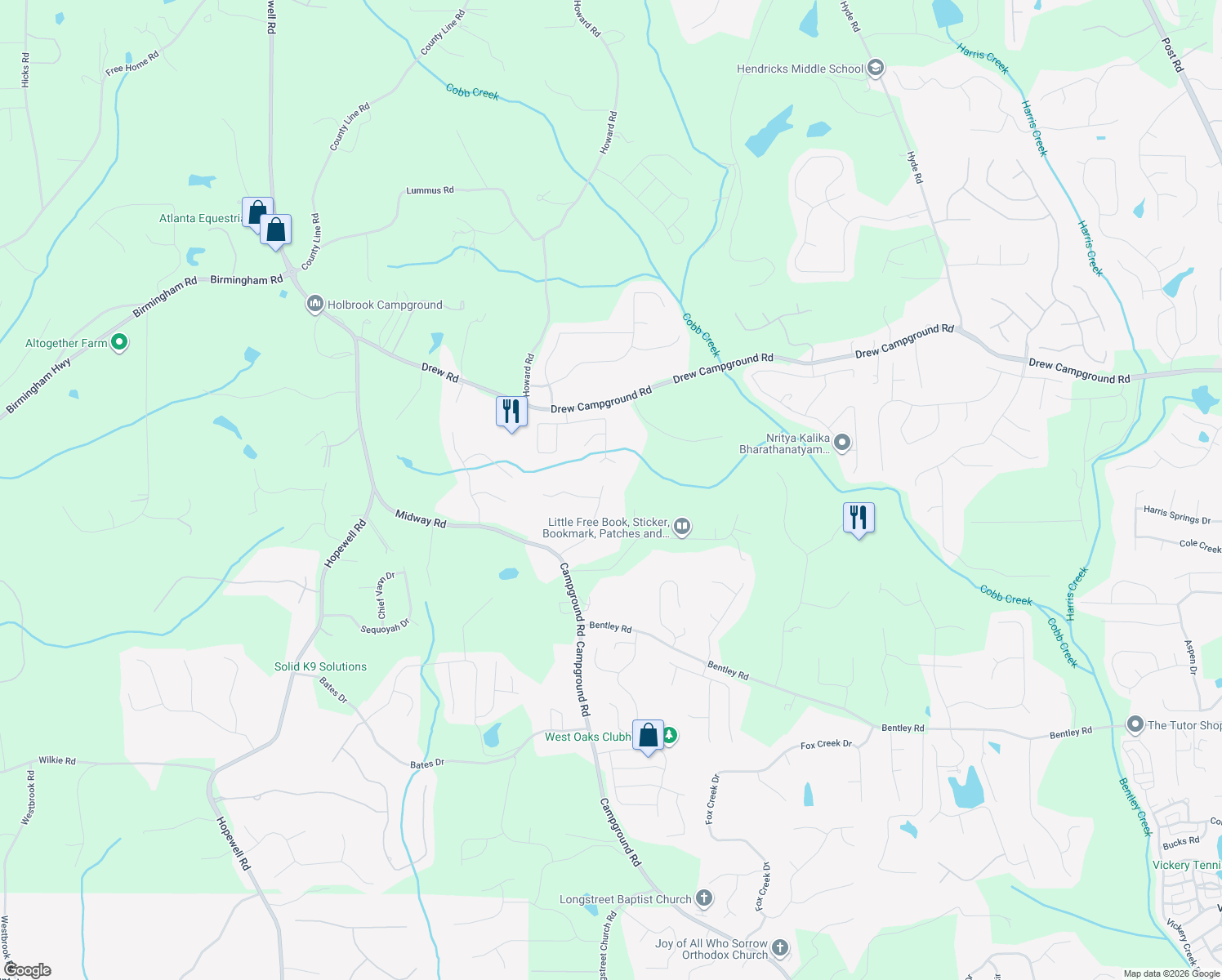 map of restaurants, bars, coffee shops, grocery stores, and more near 7820 Donington Park Drive in Cumming