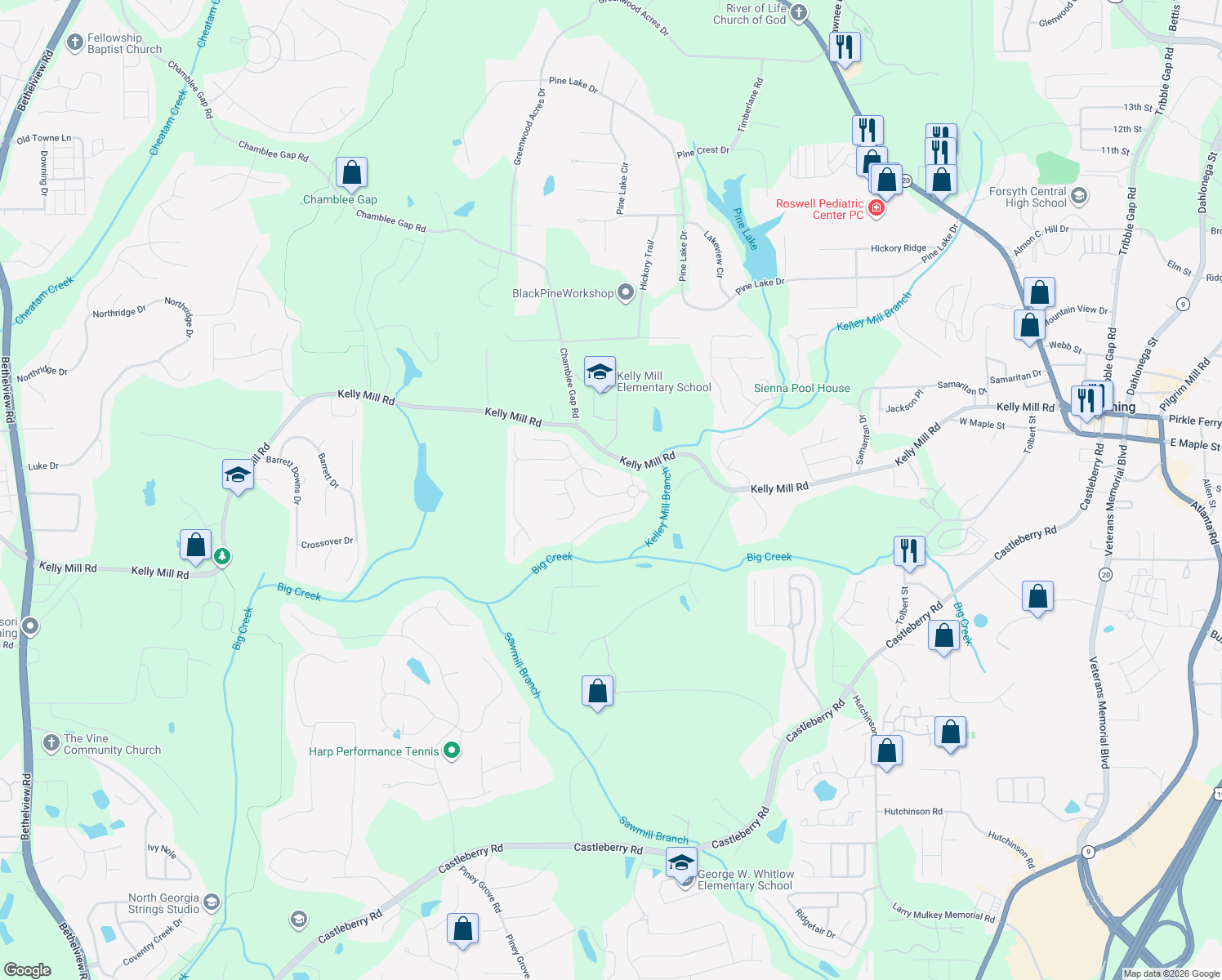 map of restaurants, bars, coffee shops, grocery stores, and more near 1240 Hidden Creek Point in Cumming
