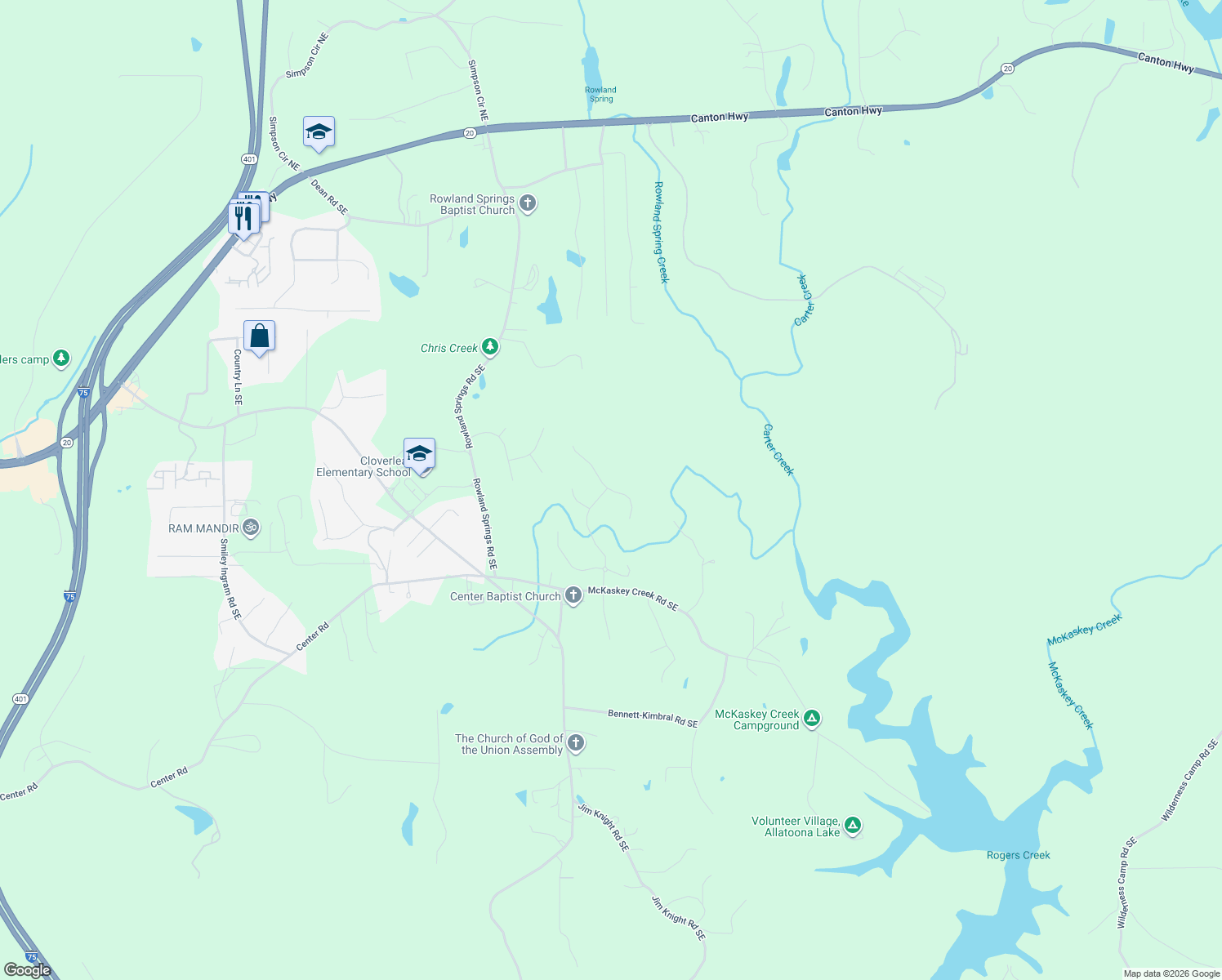 map of restaurants, bars, coffee shops, grocery stores, and more near 37 Weather View Trail in Cartersville