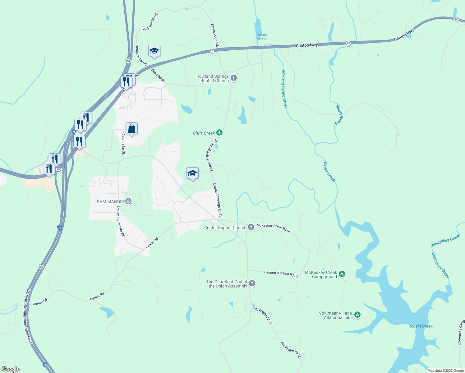 map of restaurants, bars, coffee shops, grocery stores, and more near 37 Waterstone Drive Southeast in Cartersville