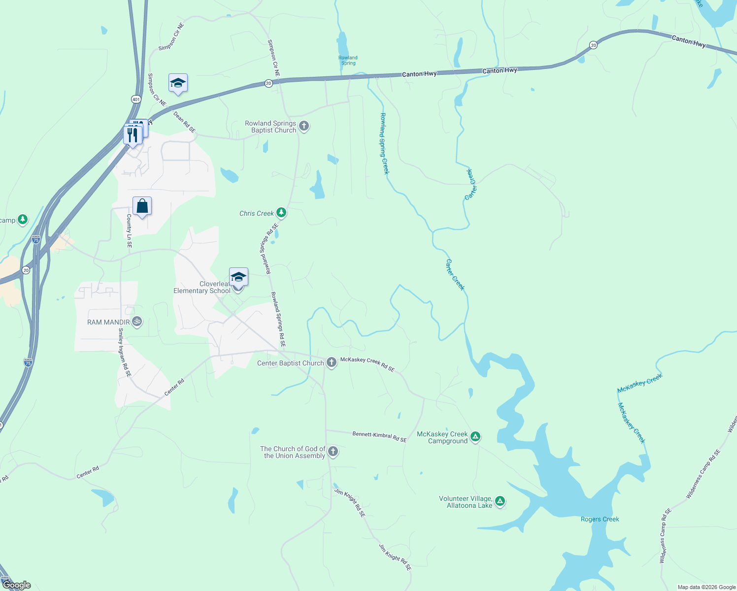 map of restaurants, bars, coffee shops, grocery stores, and more near 18 Weather View Trail in Cartersville