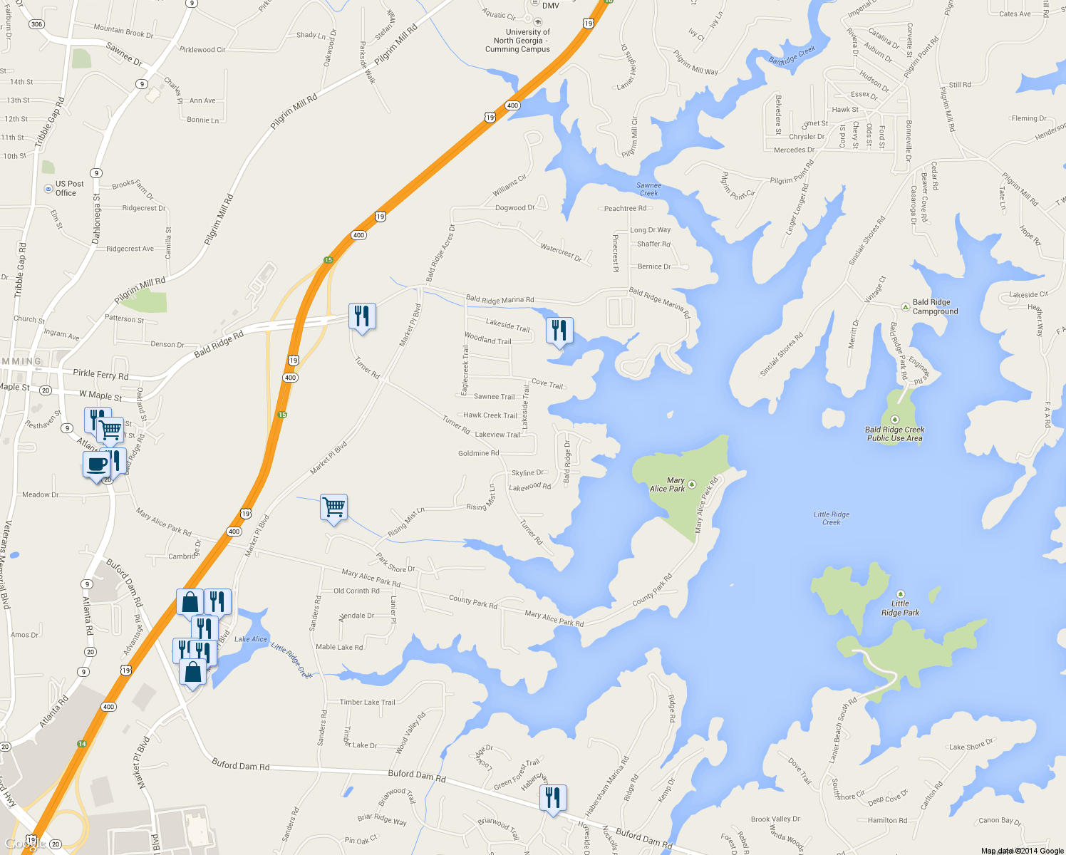 map of restaurants, bars, coffee shops, grocery stores, and more near 2615 Lakeside Trail in Cumming