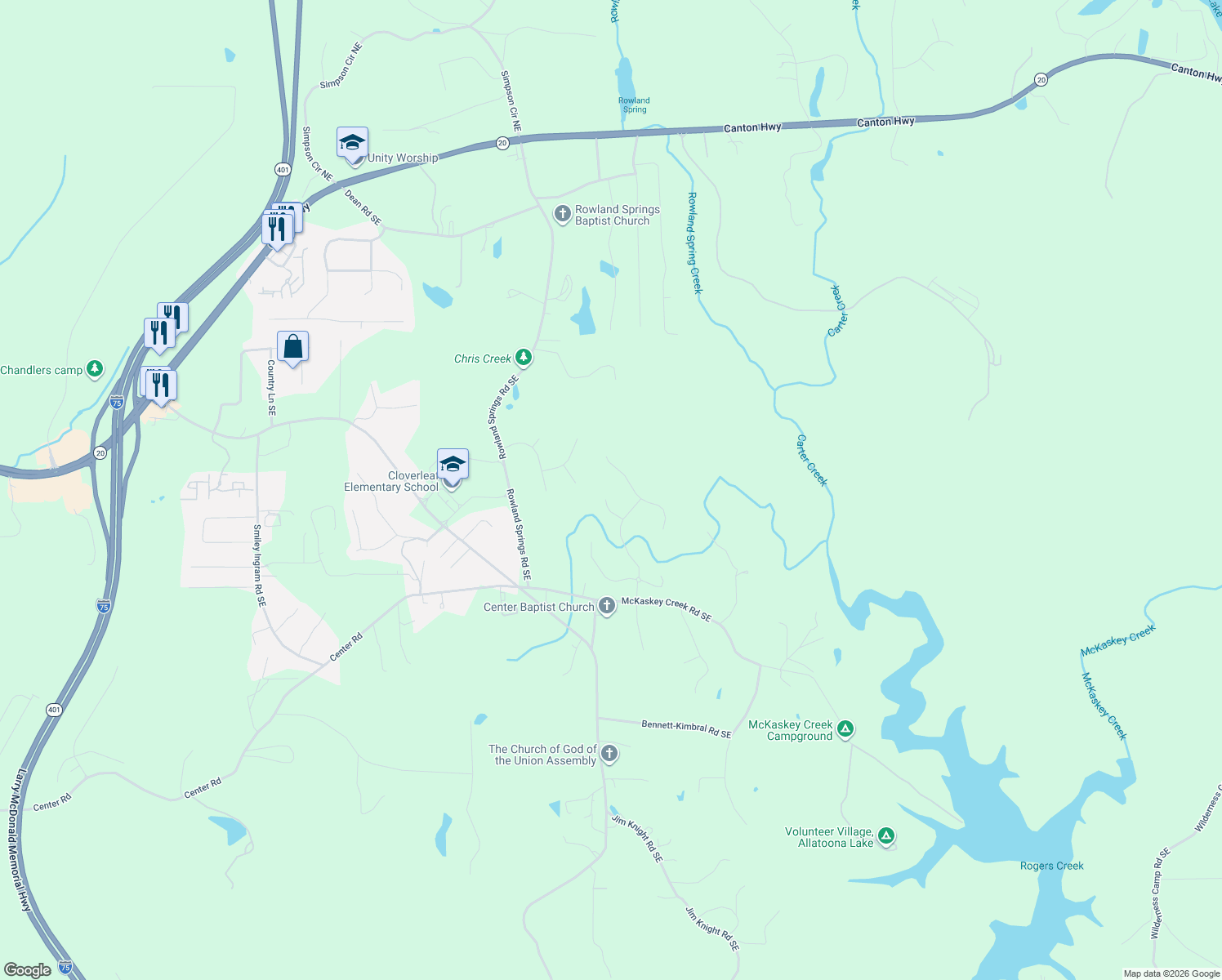 map of restaurants, bars, coffee shops, grocery stores, and more near 29 Weather View Trail in Cartersville