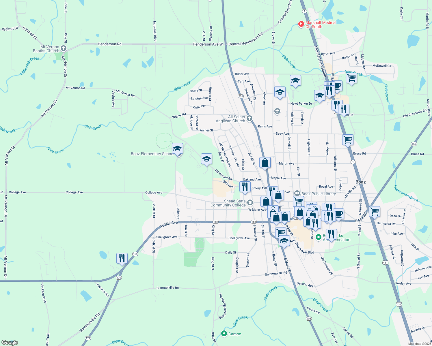 map of restaurants, bars, coffee shops, grocery stores, and more near 410 Mount Vernon Road in Boaz