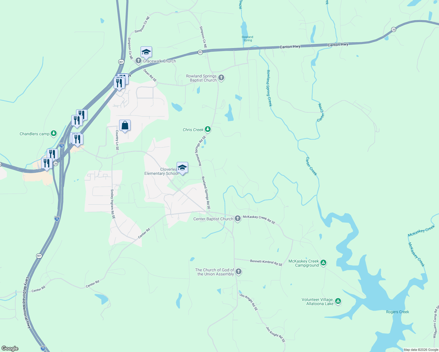 map of restaurants, bars, coffee shops, grocery stores, and more near 35 Waterstone Drive Southeast in Cartersville