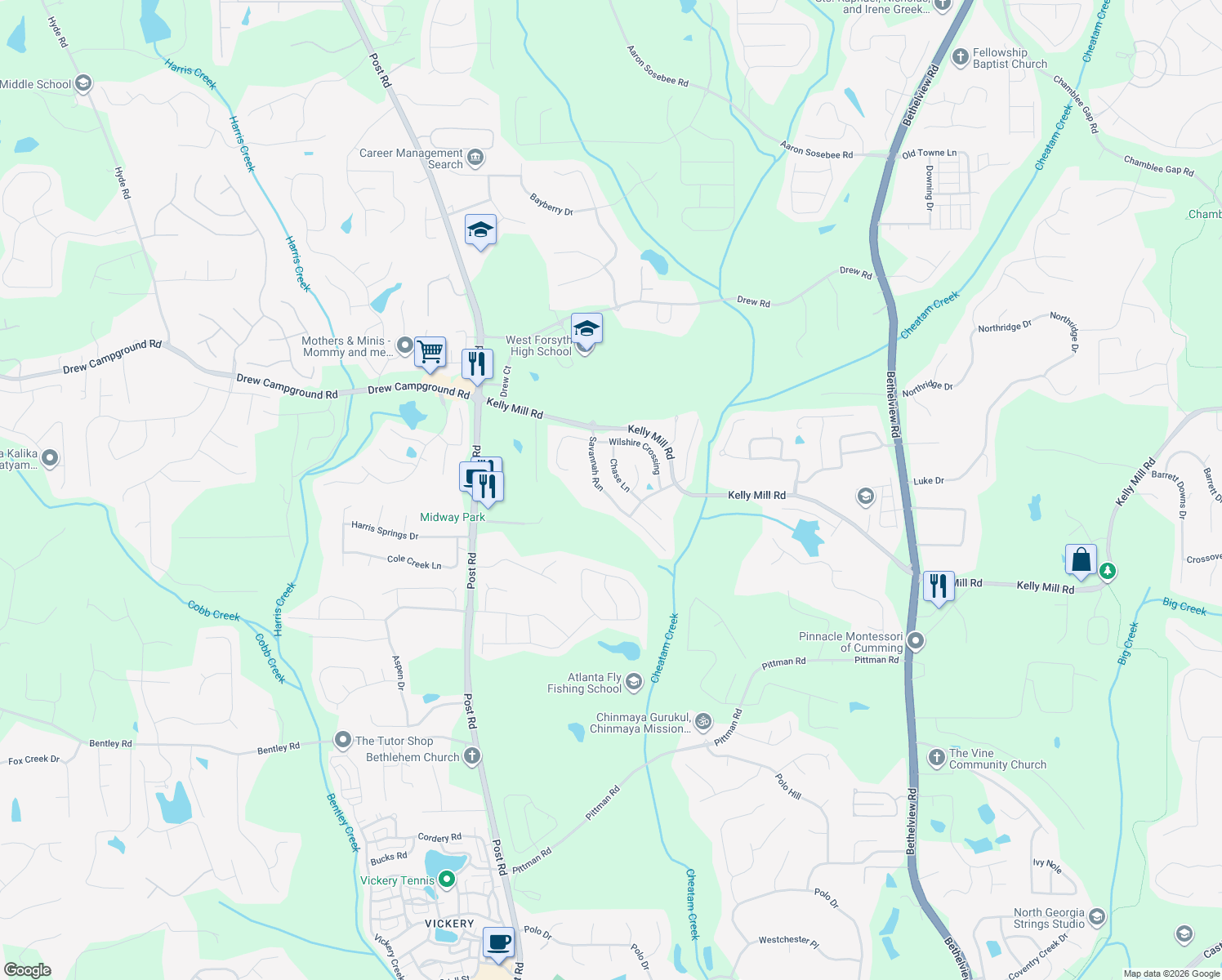 map of restaurants, bars, coffee shops, grocery stores, and more near 5050 Savannah Run in Cumming