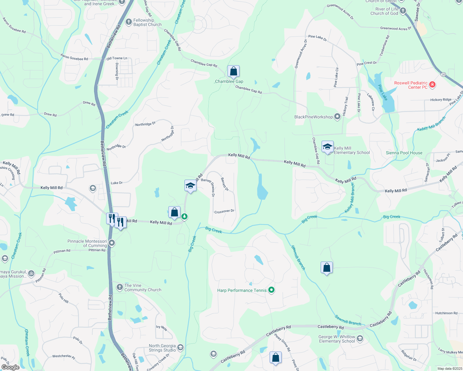 map of restaurants, bars, coffee shops, grocery stores, and more near 2135 Eagle Trce in Cumming