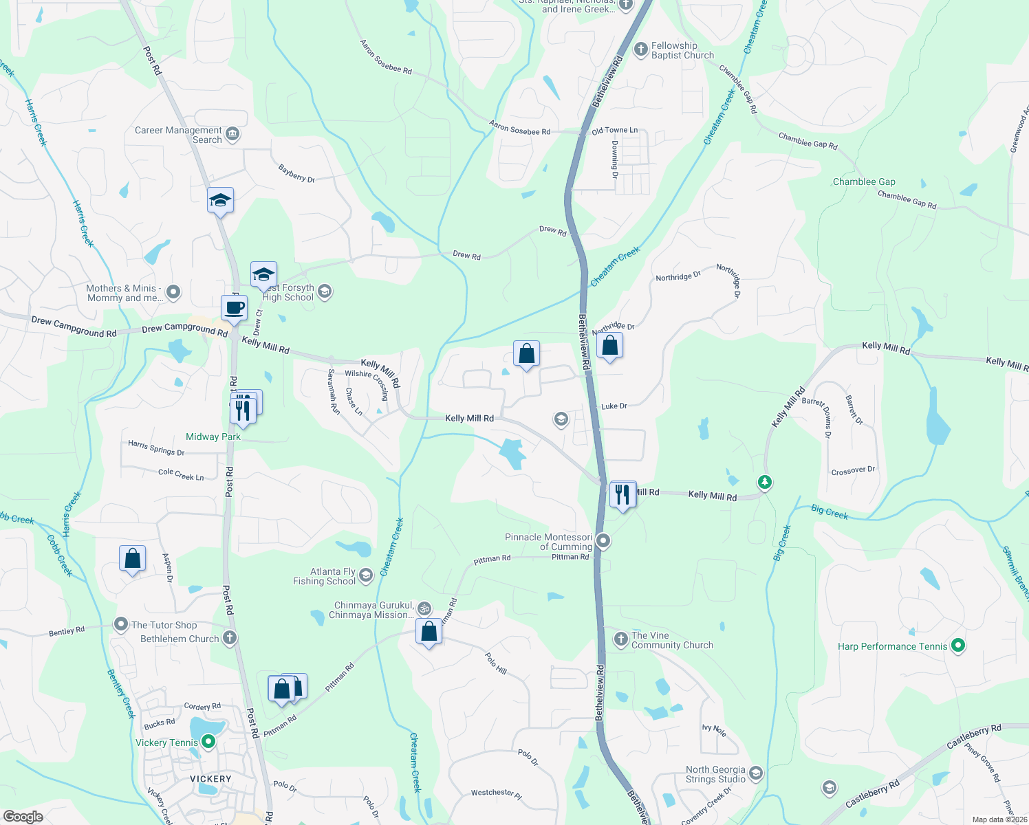 map of restaurants, bars, coffee shops, grocery stores, and more near 4445 Crossland Dr in Cumming