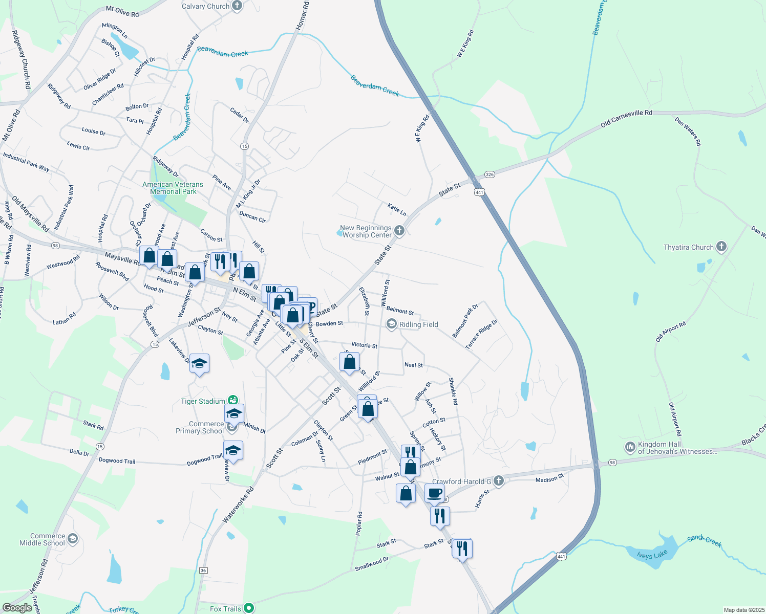 map of restaurants, bars, coffee shops, grocery stores, and more near Belmont Street in Commerce