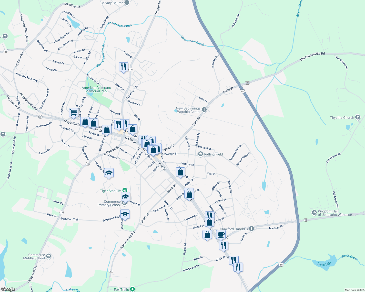 map of restaurants, bars, coffee shops, grocery stores, and more near 84 N Bowden St in Commerce