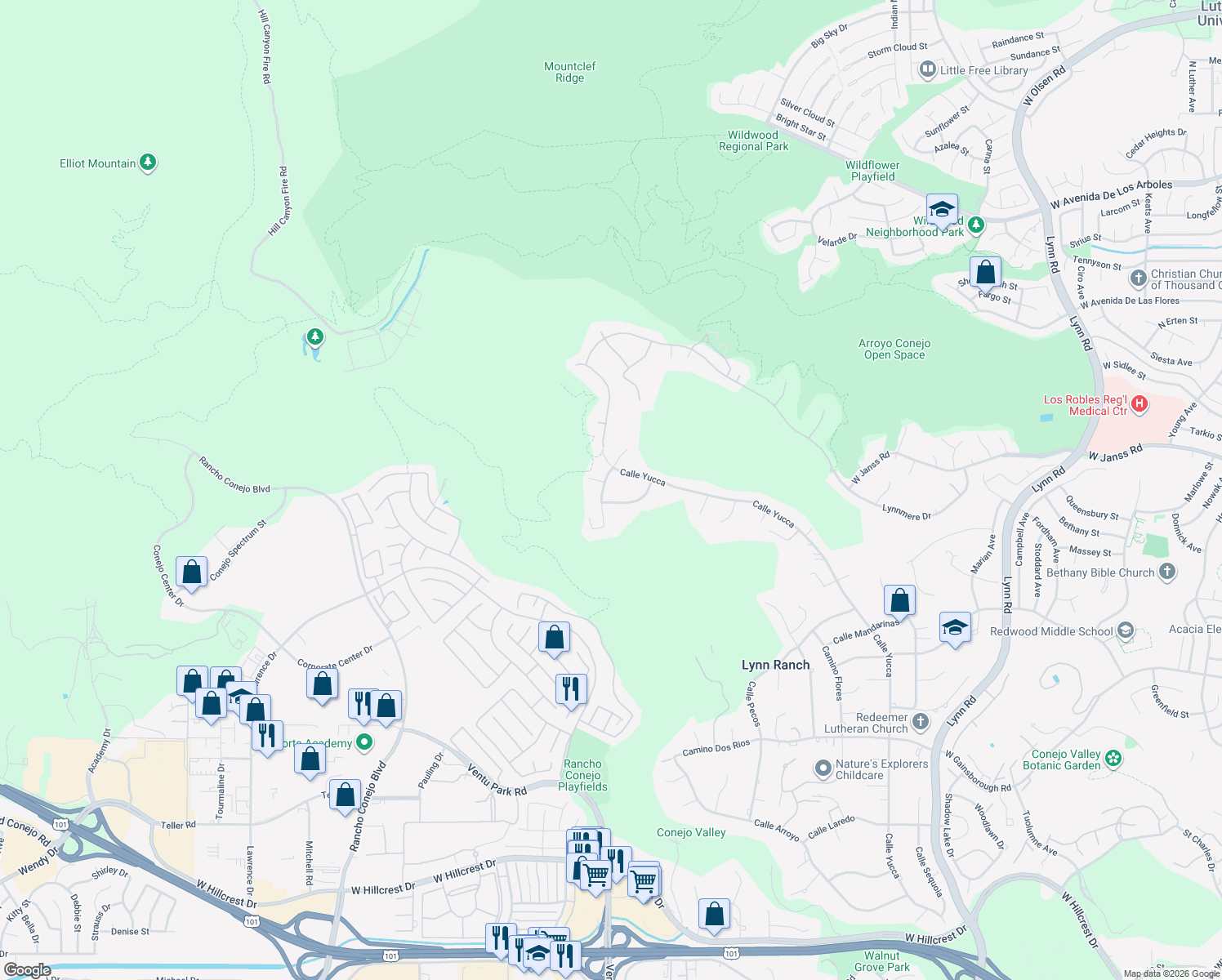 map of restaurants, bars, coffee shops, grocery stores, and more near 1934 Calle Salto in Thousand Oaks
