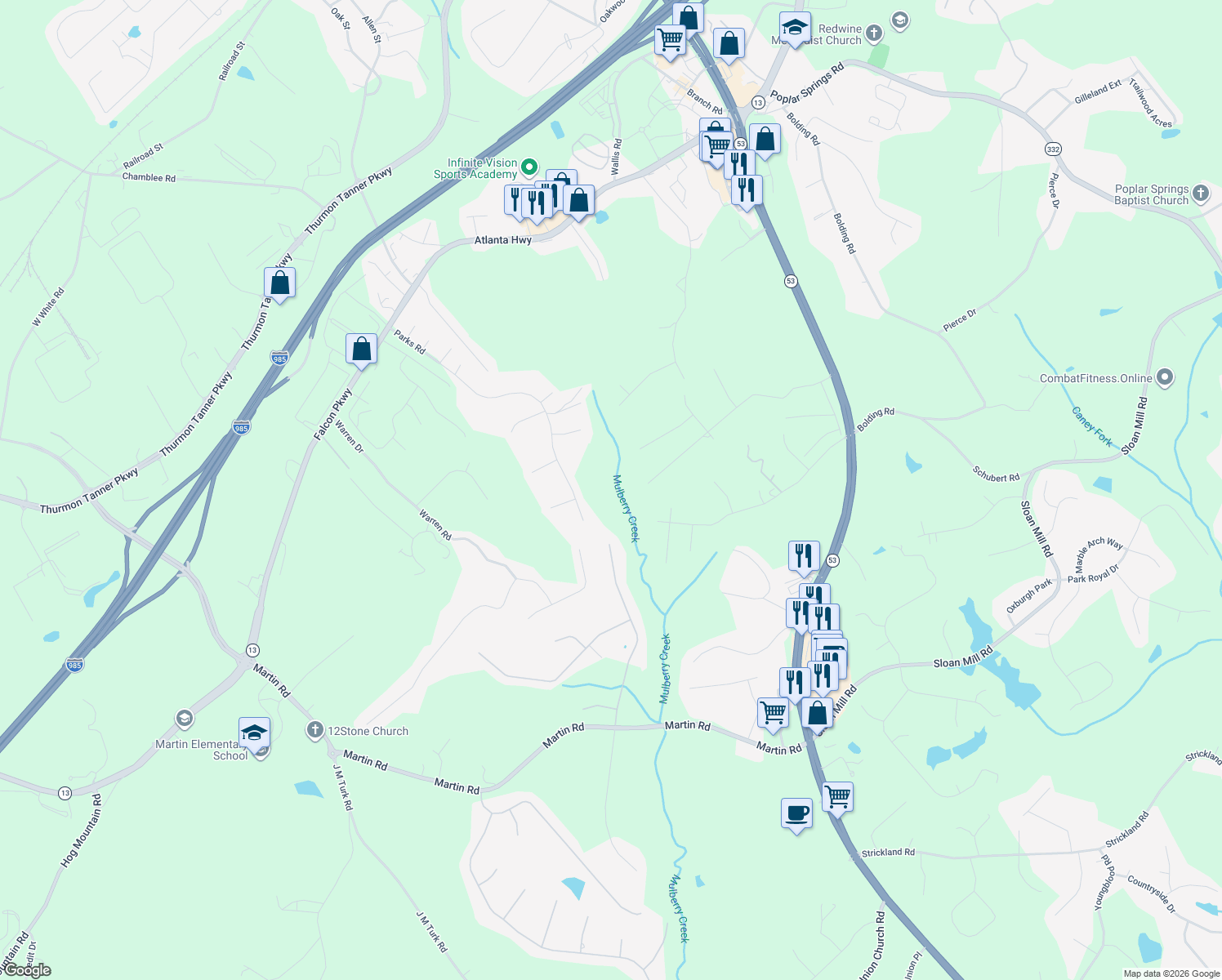 map of restaurants, bars, coffee shops, grocery stores, and more near 4105 Parks Road in Flowery Branch