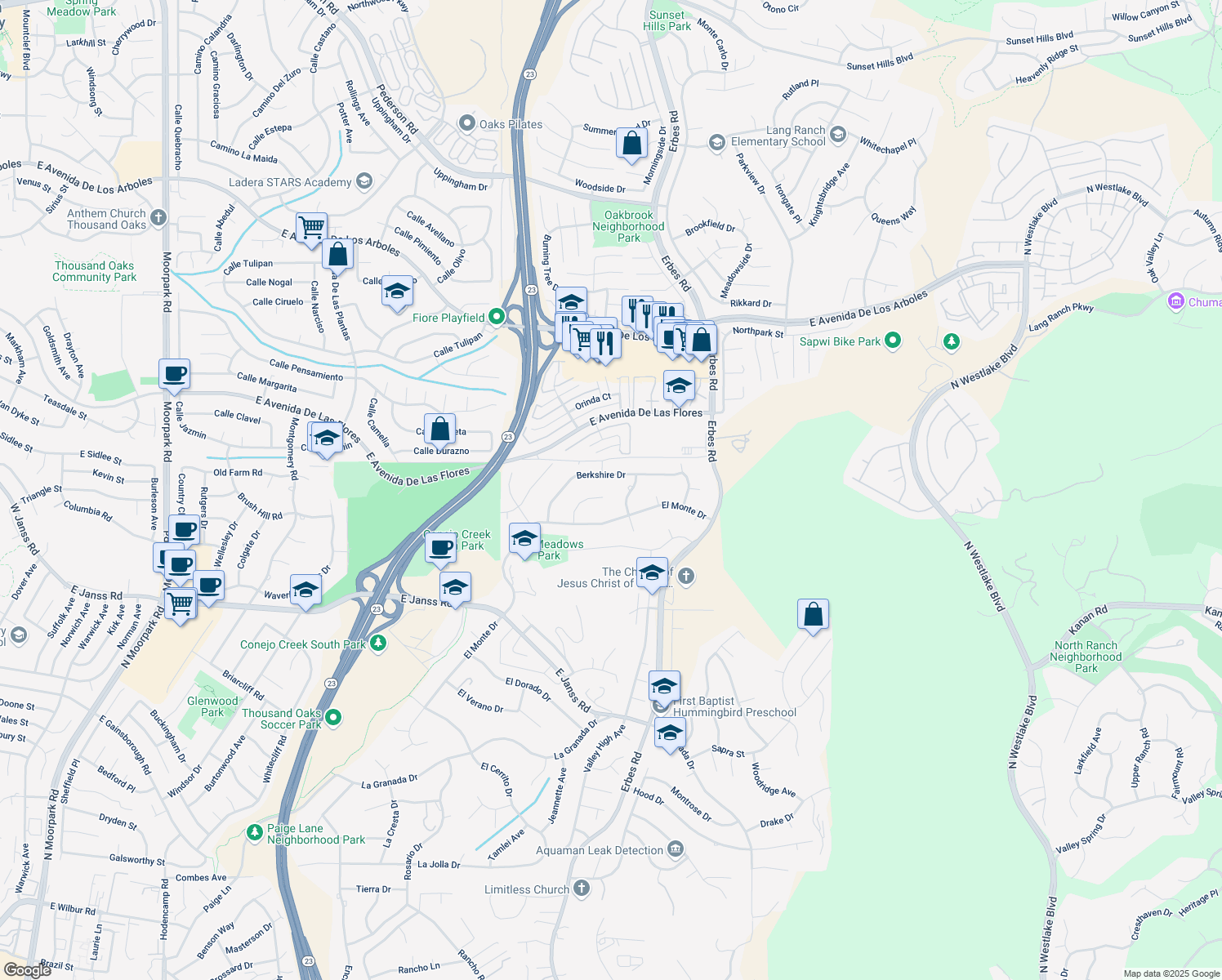 map of restaurants, bars, coffee shops, grocery stores, and more near 1981 Coventry Court in Thousand Oaks