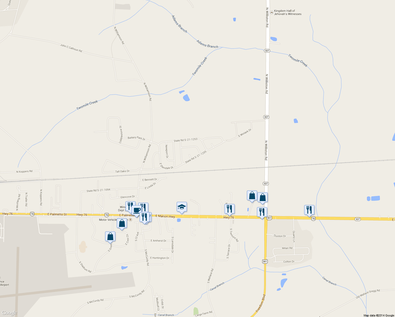 map of restaurants, bars, coffee shops, grocery stores, and more near 3616 State Road S-21-1255 in Florence