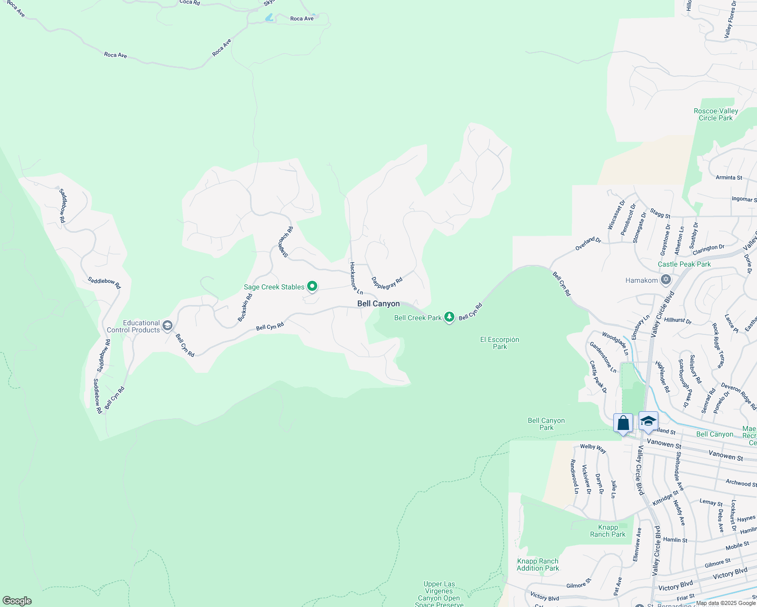 map of restaurants, bars, coffee shops, grocery stores, and more near 120 Stagecoach Road in Bell Canyon