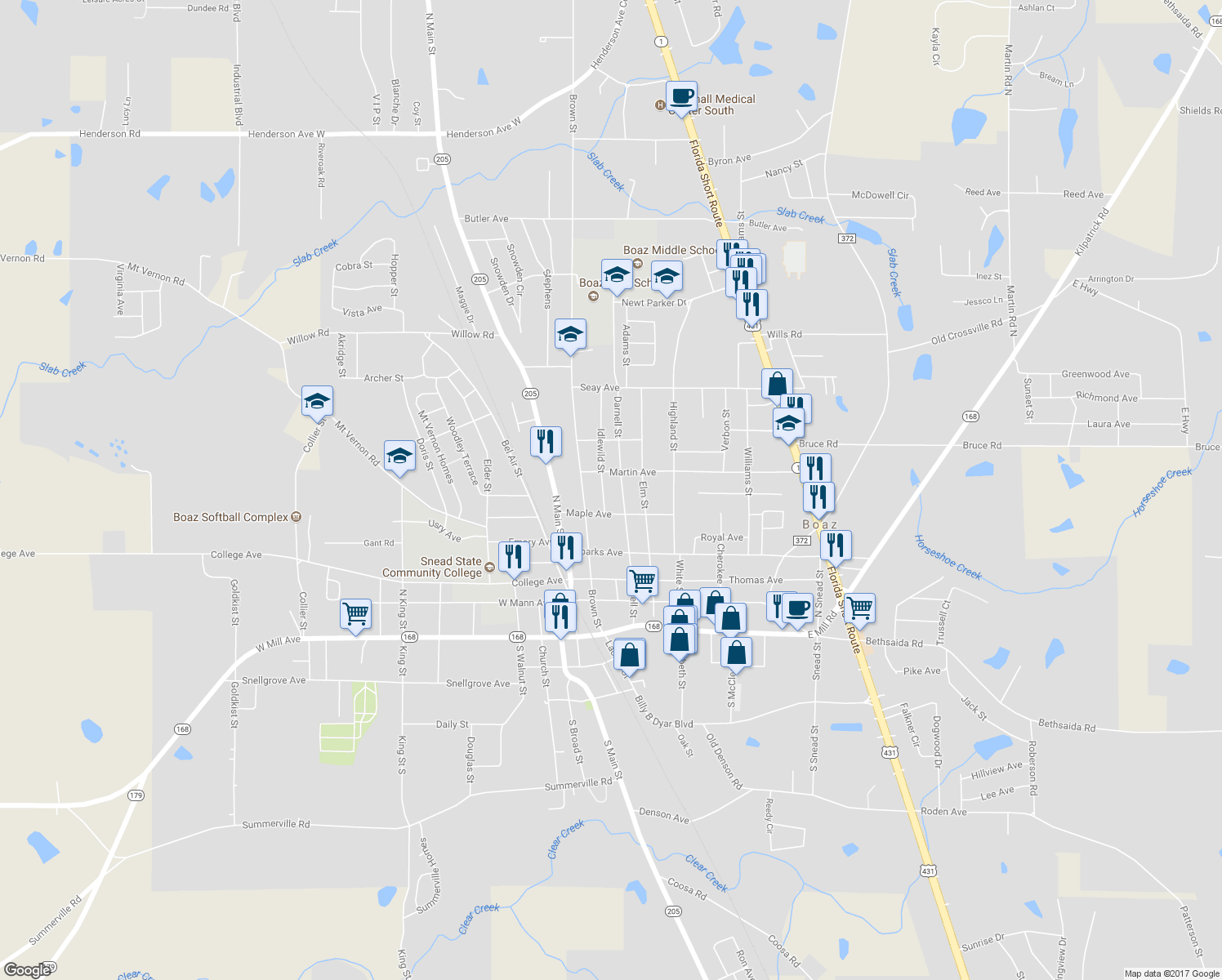 map of restaurants, bars, coffee shops, grocery stores, and more near 512 Darnell Street in Boaz