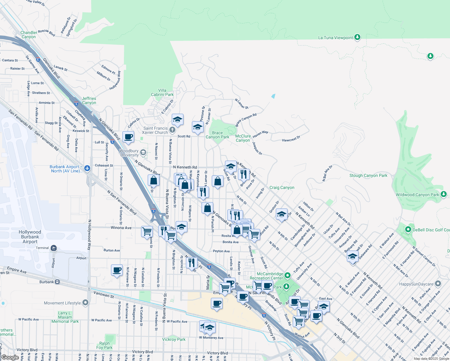 map of restaurants, bars, coffee shops, grocery stores, and more near 2528 N Orchard Dr in Burbank