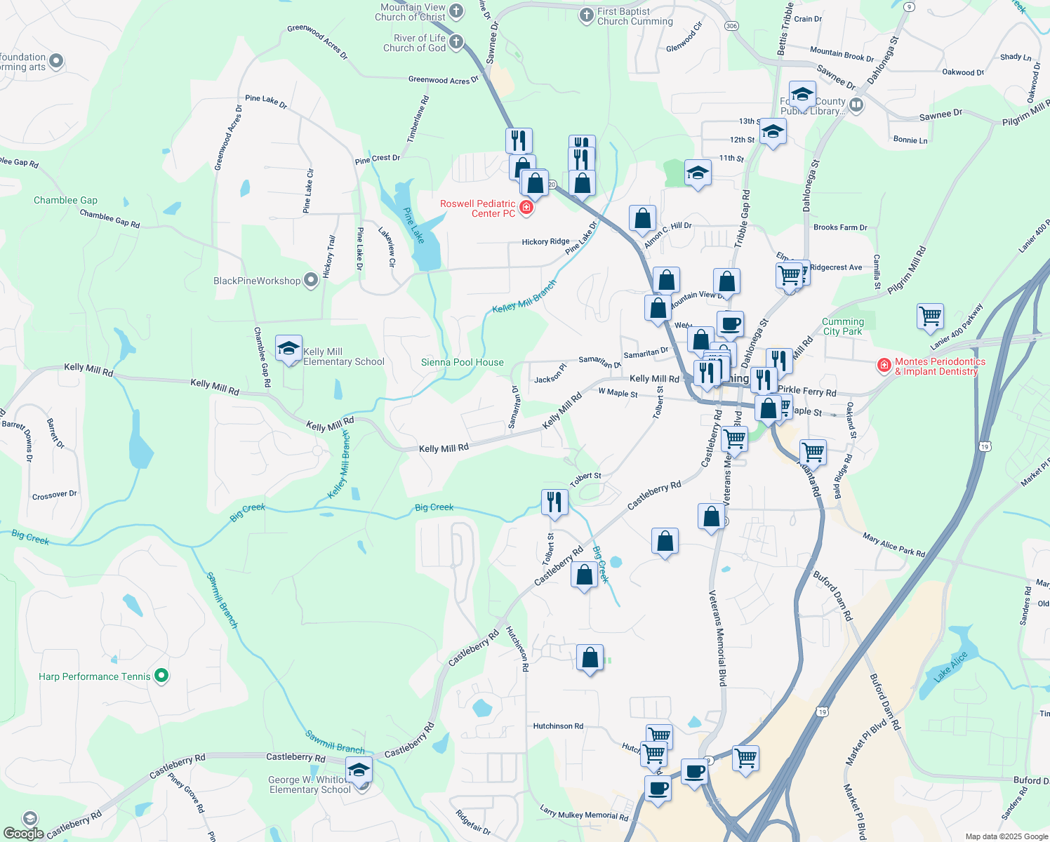 map of restaurants, bars, coffee shops, grocery stores, and more near 339 Kelly Mill Road in Cumming